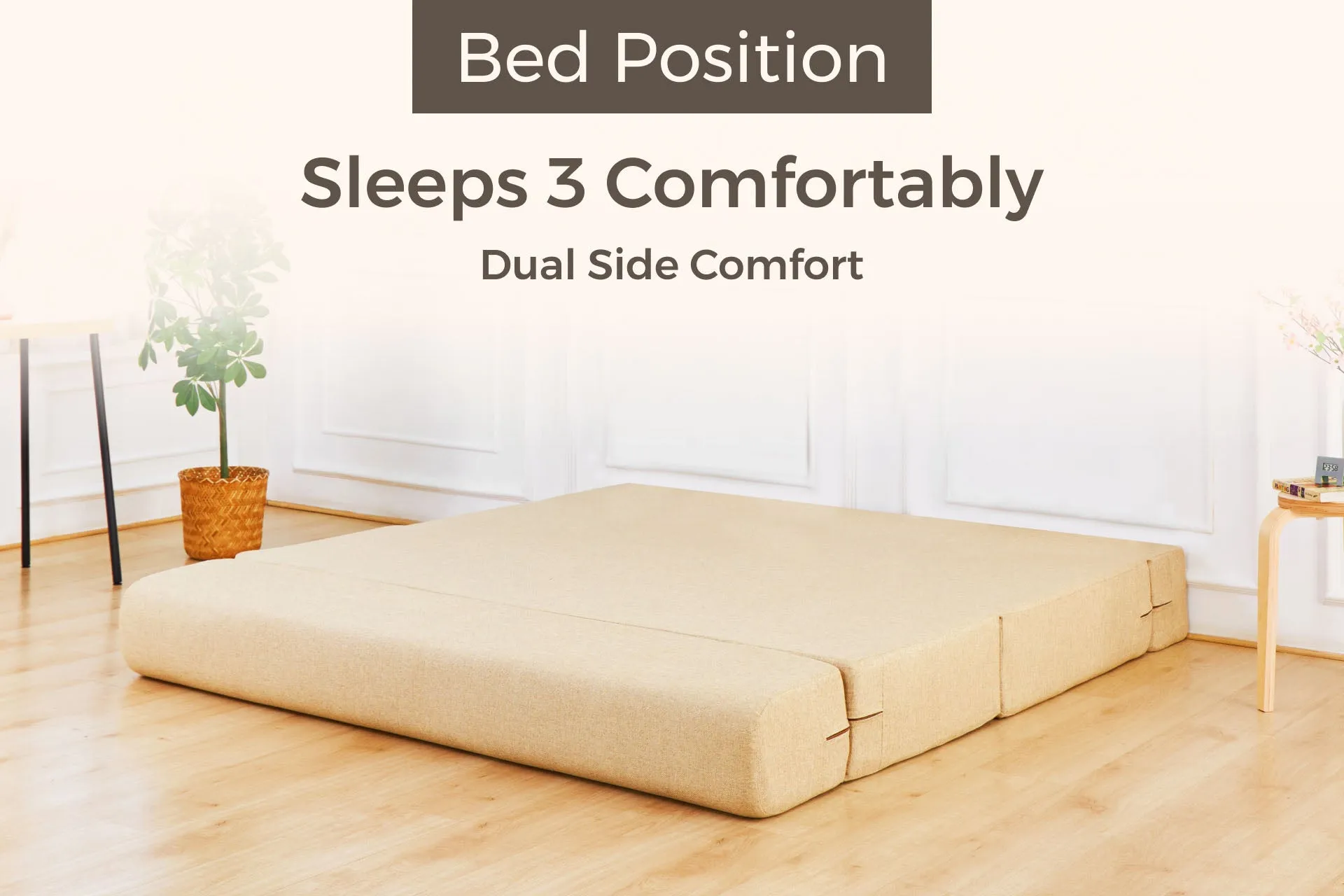 Jute Sofa Bed, Beige | 6 x 6, Three Seater | 2 Beige Zigzag Cushions