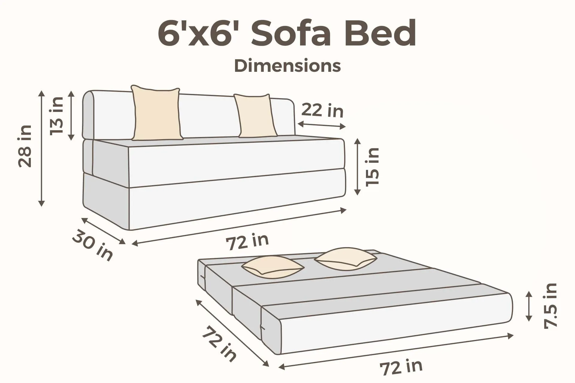 Jute Sofa Bed, Beige | 6 x 6, Three Seater | 2 Beige Zigzag Cushions