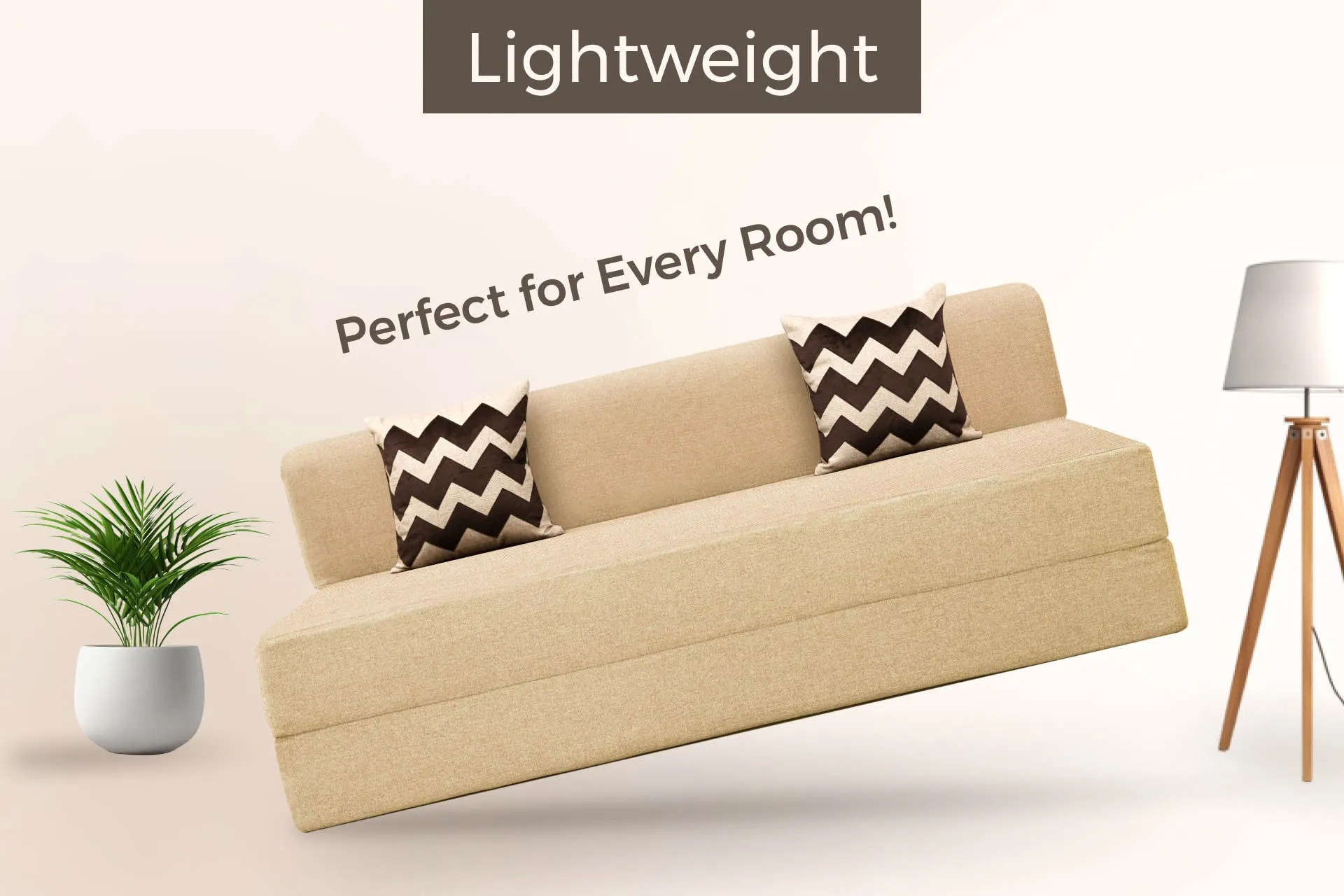 Jute Sofa Bed, Beige | 6 x 6, Three Seater | 2 Beige Zigzag Cushions