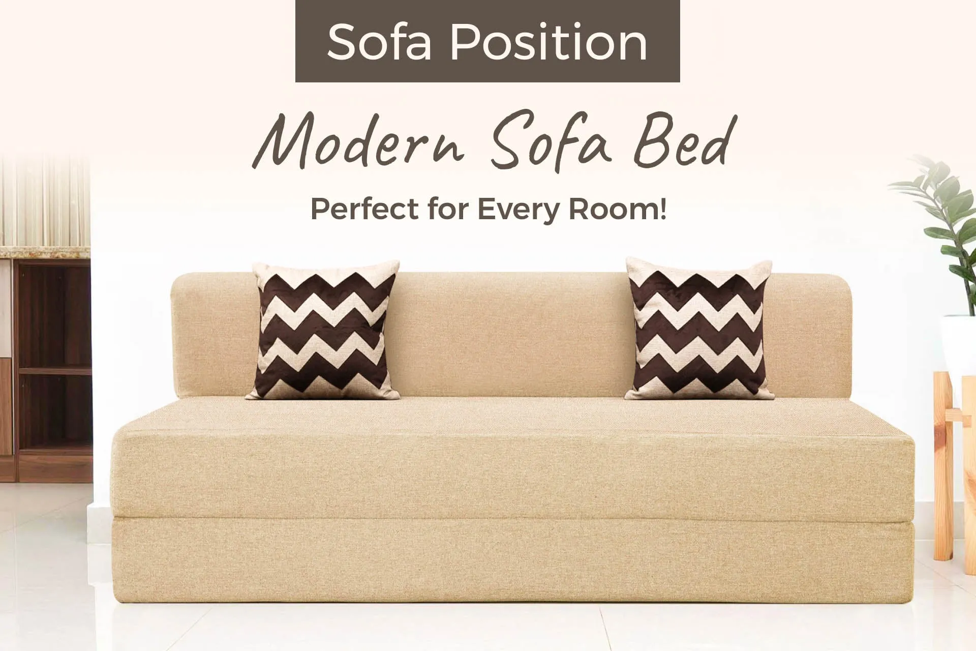 Jute Sofa Bed, Beige | 6 x 6, Three Seater | 2 Beige Zigzag Cushions