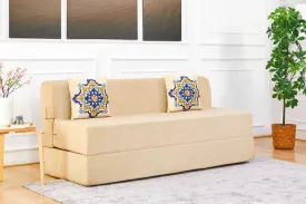 Jute Sofa Bed, Beige | 6 x 6, Three Seater | 2 Blue Medallion Cushions