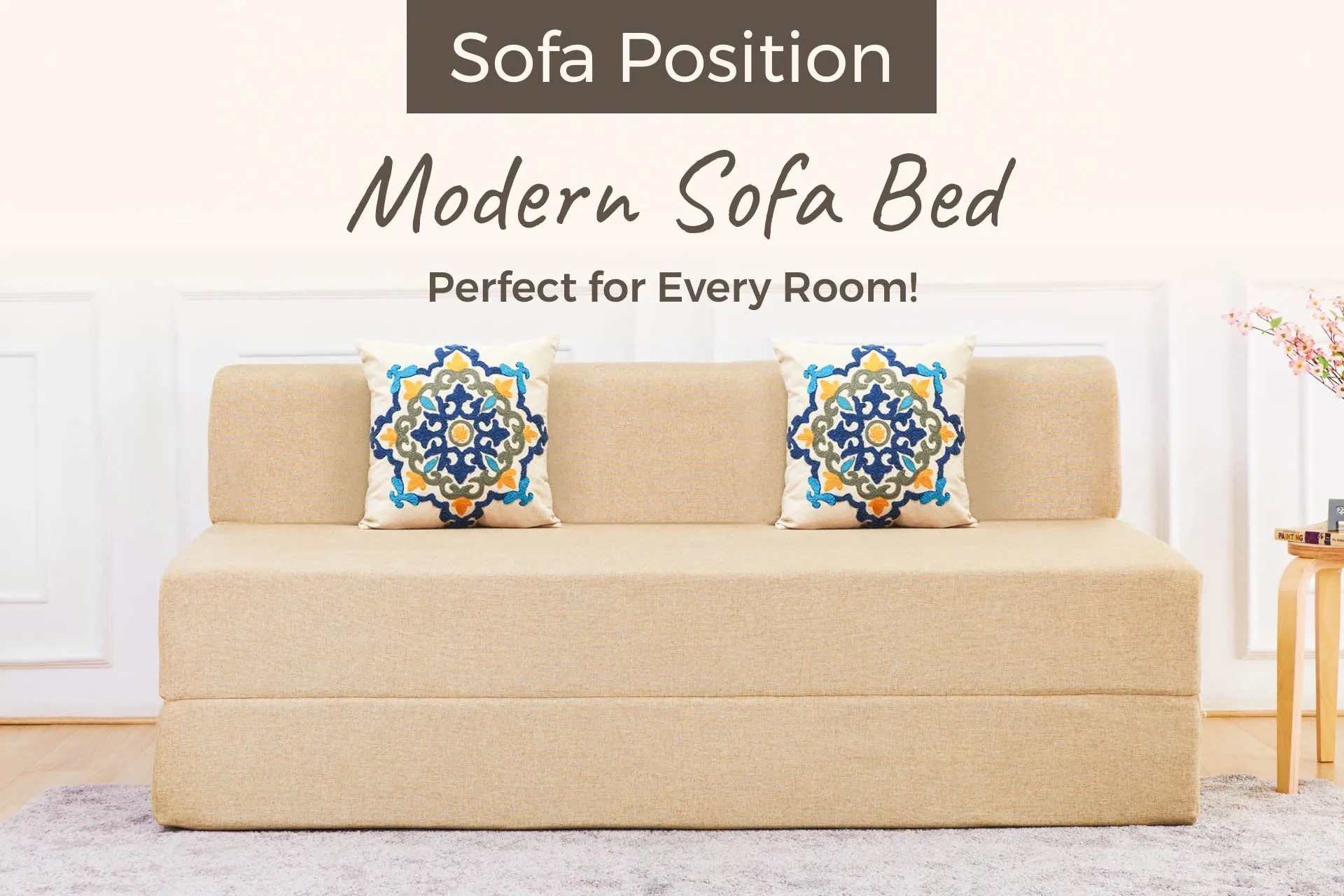 Jute Sofa Bed, Beige | 6 x 6, Three Seater | 2 Blue Medallion Cushions