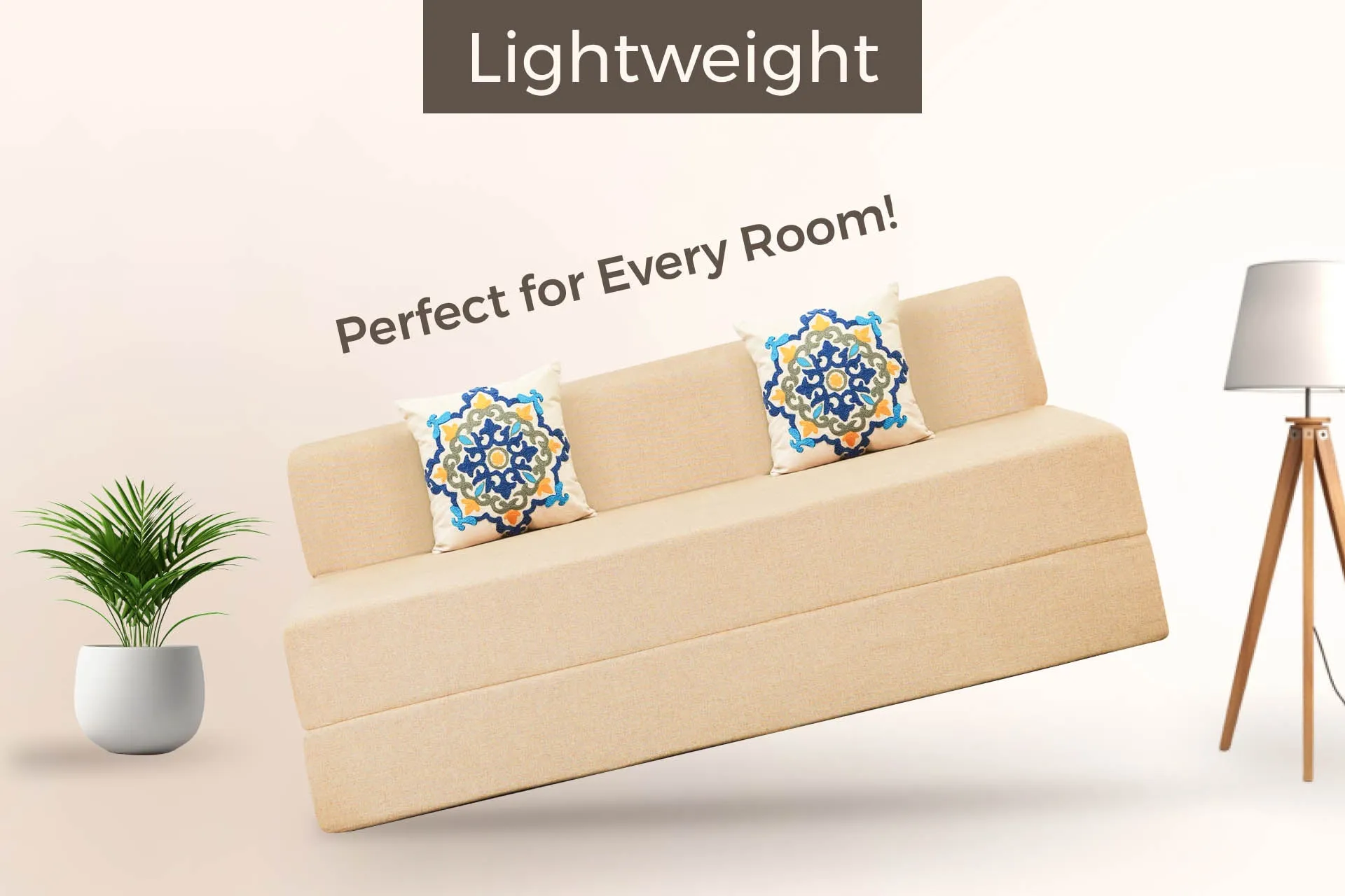 Jute Sofa Bed, Beige | 6 x 6, Three Seater | 2 Blue Medallion Cushions