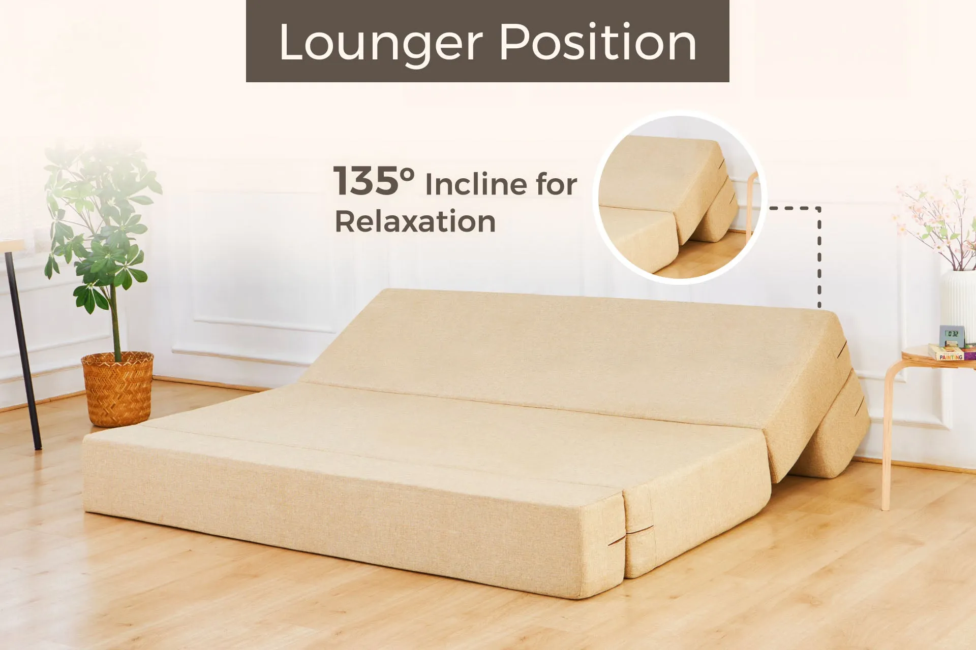 Jute Sofa Bed, Beige | 6 x 6, Three Seater | 2 Blue Medallion Cushions