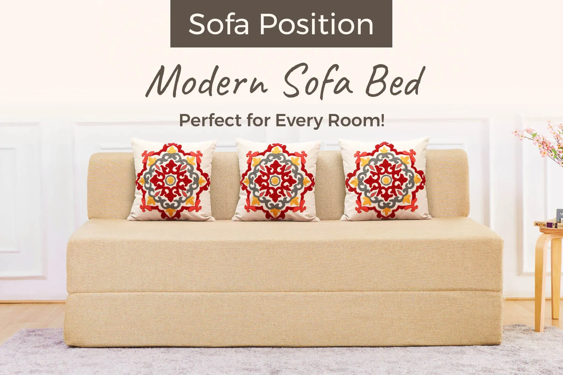 Jute Sofa Bed, Beige | 6 x 6, Three Seater | 3 Red Medallion Cushions