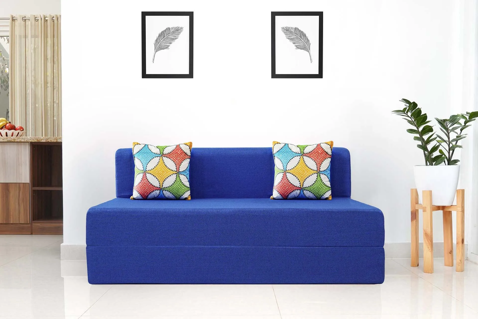 Jute Sofa Bed, Berry Blue | 5 x 6, Three Seater | 2 Jharokha Cushion