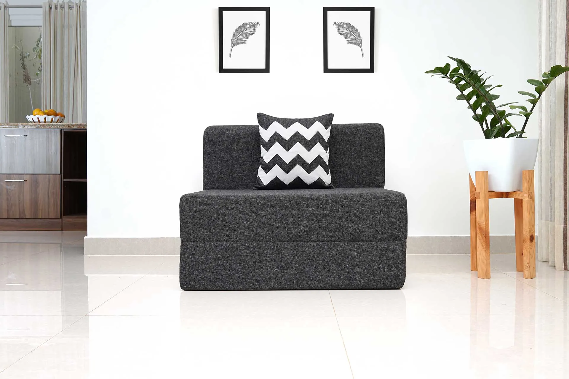 Jute Sofa Bed, Dark Grey | 3 x 6.5, Single Seater | Zigzag Cushions