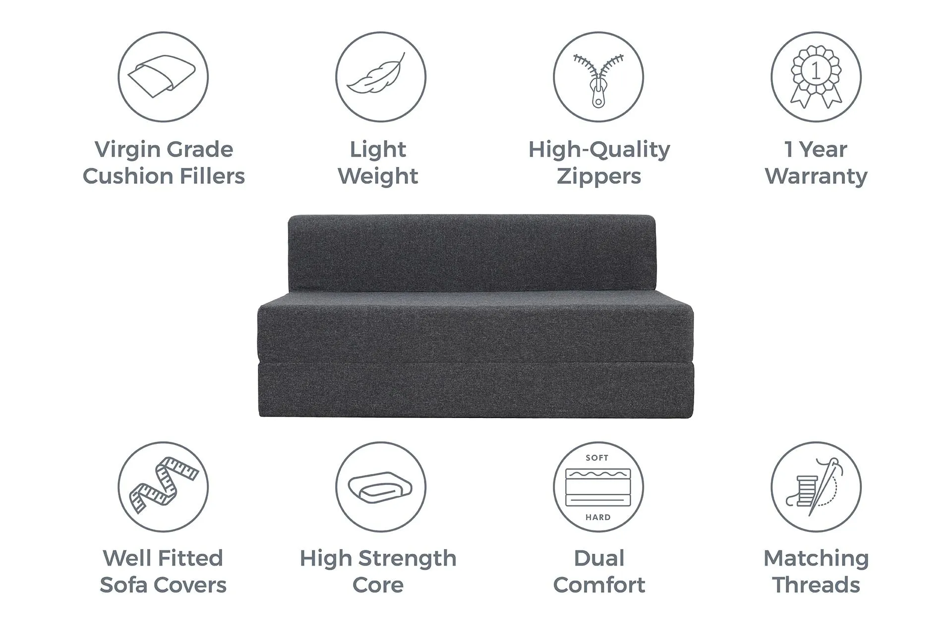 Jute Sofa Bed, Dark Grey | 5 x 6, Three Seater | 2 Baby Breathe Cushions