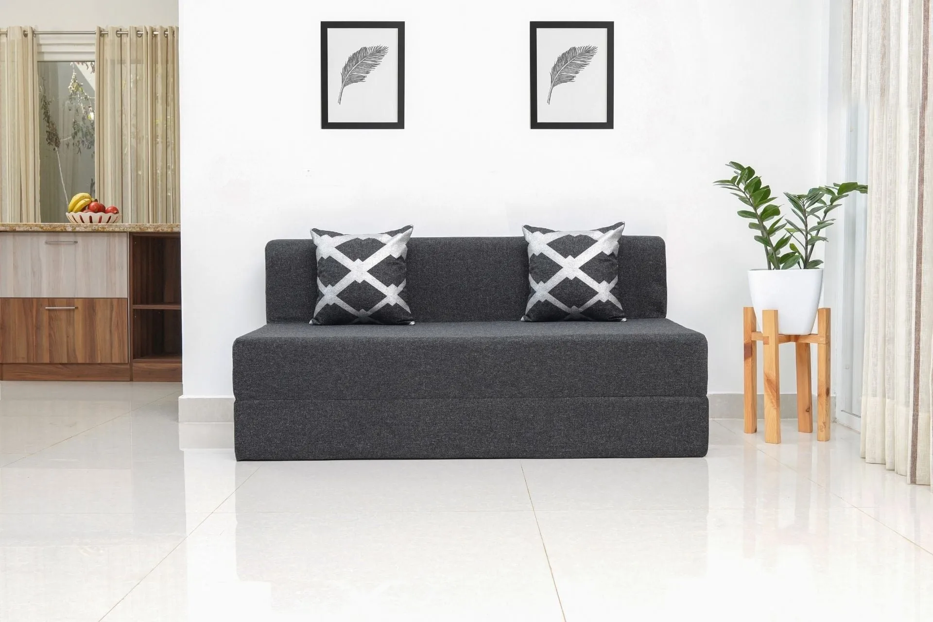 Jute Sofa Bed, Dark Grey | 6 x 6, Three Seater | 2 Silver Edge Cushions