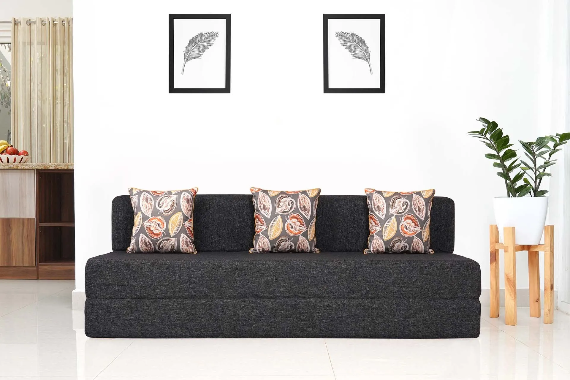 Jute Sofa Bed, Dark Grey | 6 x 6, Three Seater | 3 Fallen Leaves Cushions