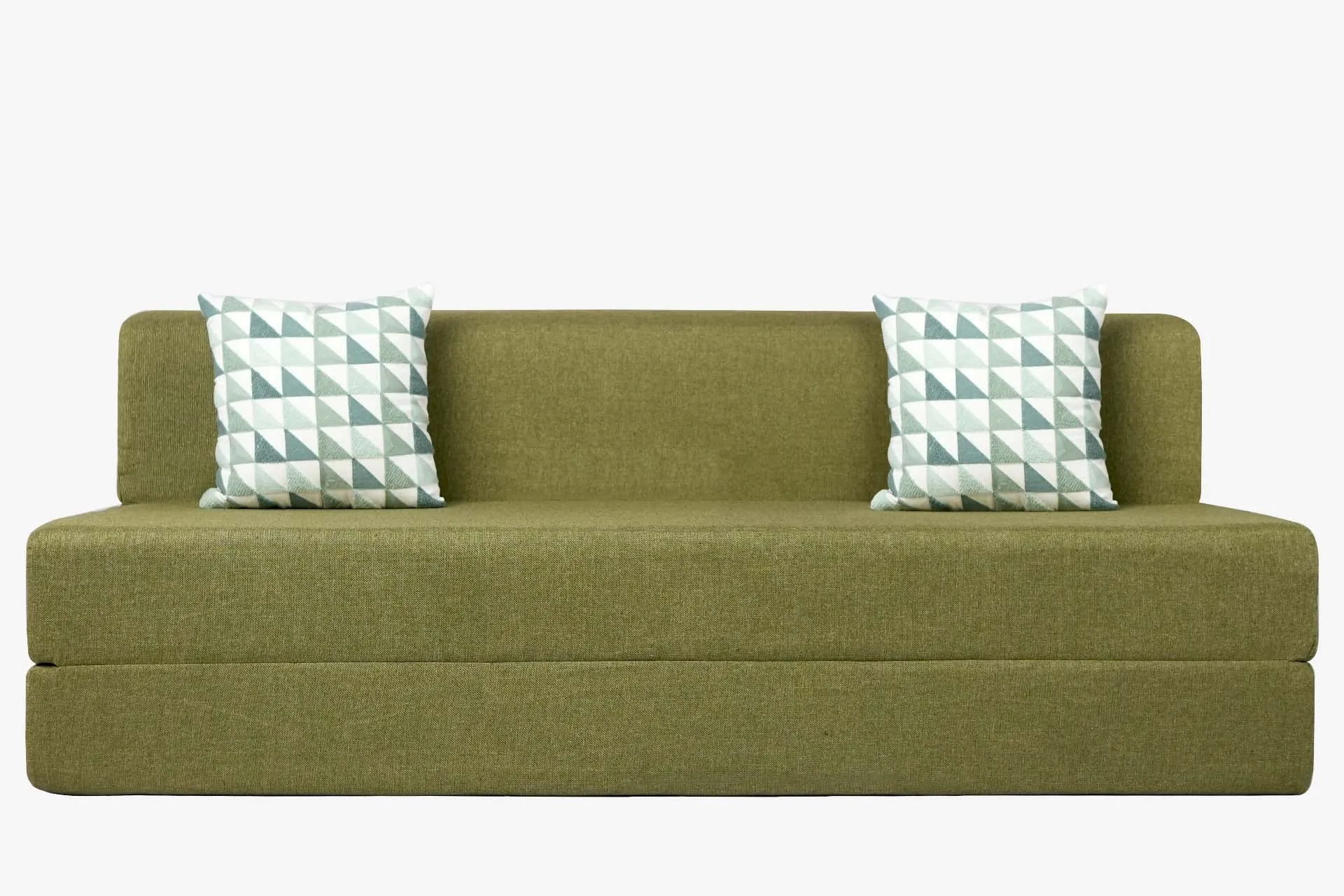 Jute Sofa Bed, Olive Green | 6 x 6, Three Seater | 2 Green Triangle Cushions