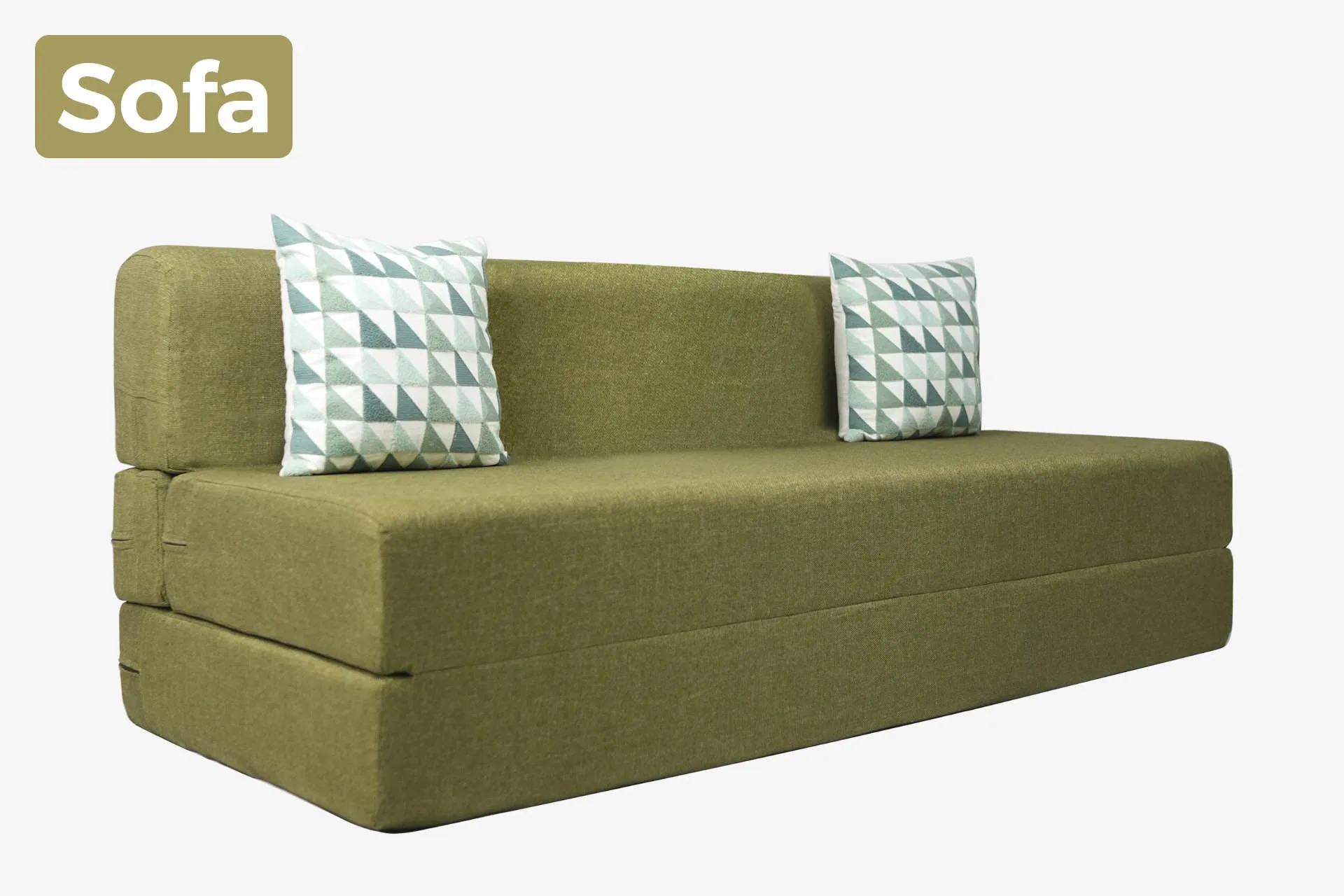 Jute Sofa Bed, Olive Green | 6 x 6, Three Seater | 2 Green Triangle Cushions