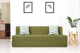 Jute Sofa Bed, Olive Green | 6 x 6, Three Seater | 2 Green Triangle Cushions