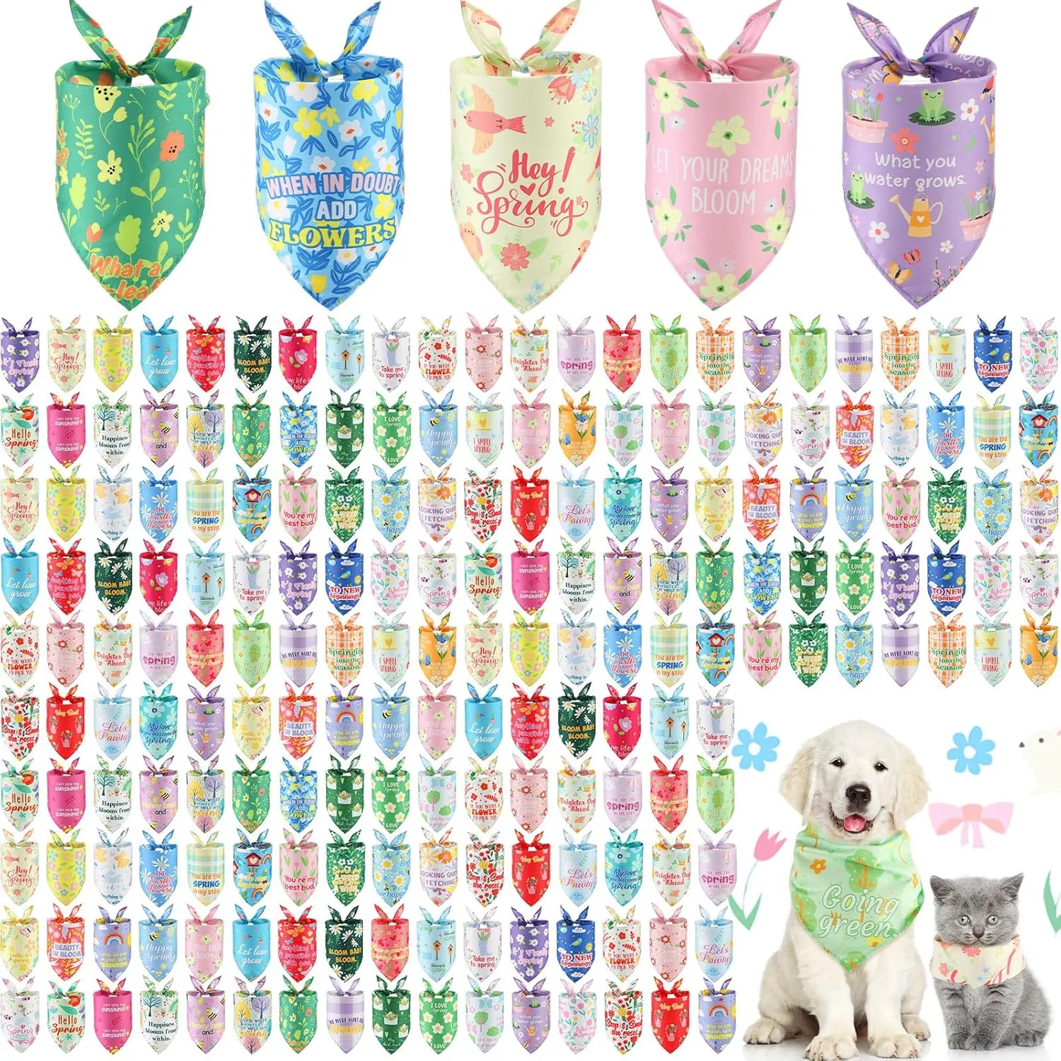 Kacctyen 200 Pcs Dog Bandana Bulk for Groomers with Sayings Spring Floral Printed Pet Triangle Scarf Bibs Washable Puppy Kerchief Adjustable Grooming Supplies for Small Medium Large Dog Cat (Spring)