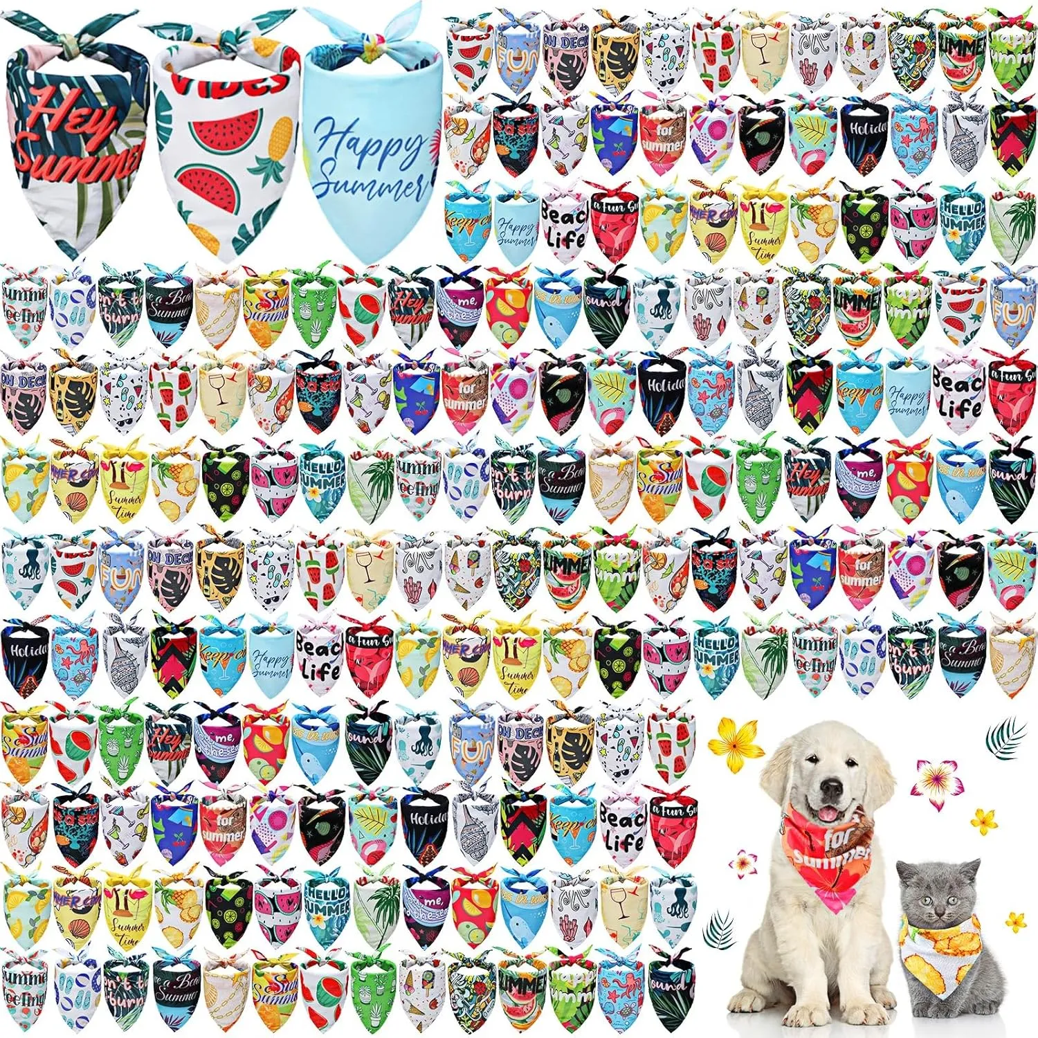 Kacctyen 200 Pcs Dog Bandanas for Summer Bulk Hawaiian Pet Scarf Bibs Adjustable Washable Kerchief Seasonal Pet Costume Accessories Grooming Supplies for Small to Large Cats Dogs