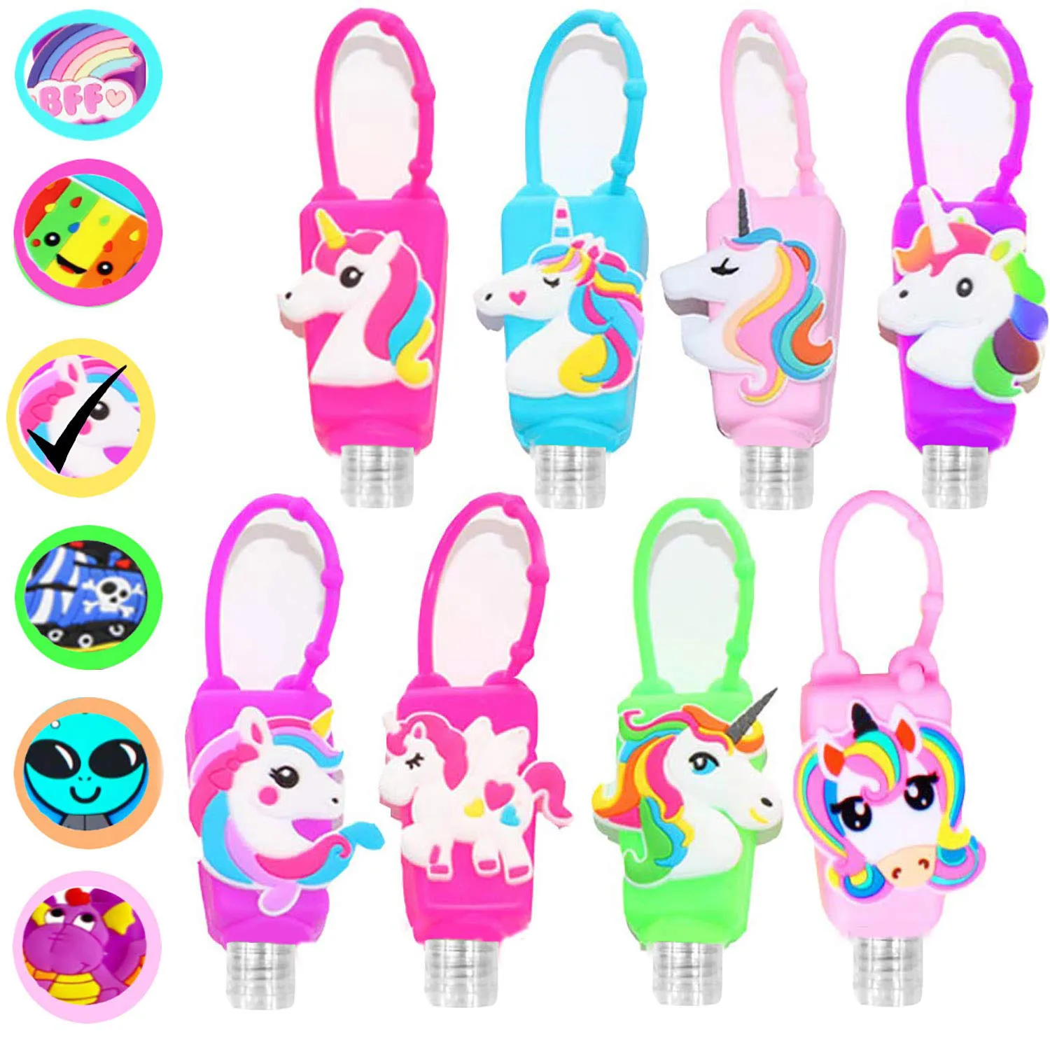 KINIA 8 Pack Empty UNICORN Kids Hand Sanitizer Travel Size Keychain Carriers, 8-1 Fl Oz Flip Cap Reusable Portable Empty Bottles (8-Variety Pack UNICORN)