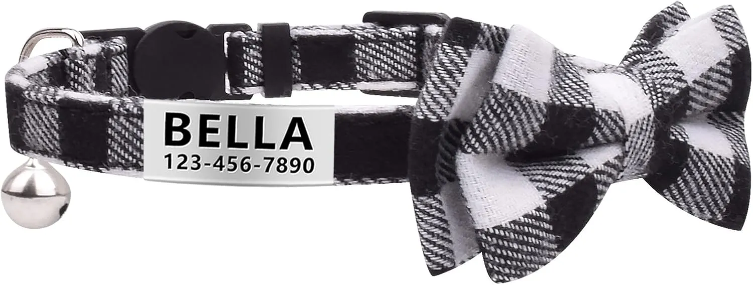 LaReine Personalized Breakaway Cat Collar with Bell & Bow Tie, Stainless Steel Slide-on Pet ID Tag Engraved with Name & Phone Numbers, (Customized - 7"-11" Neck, Black)