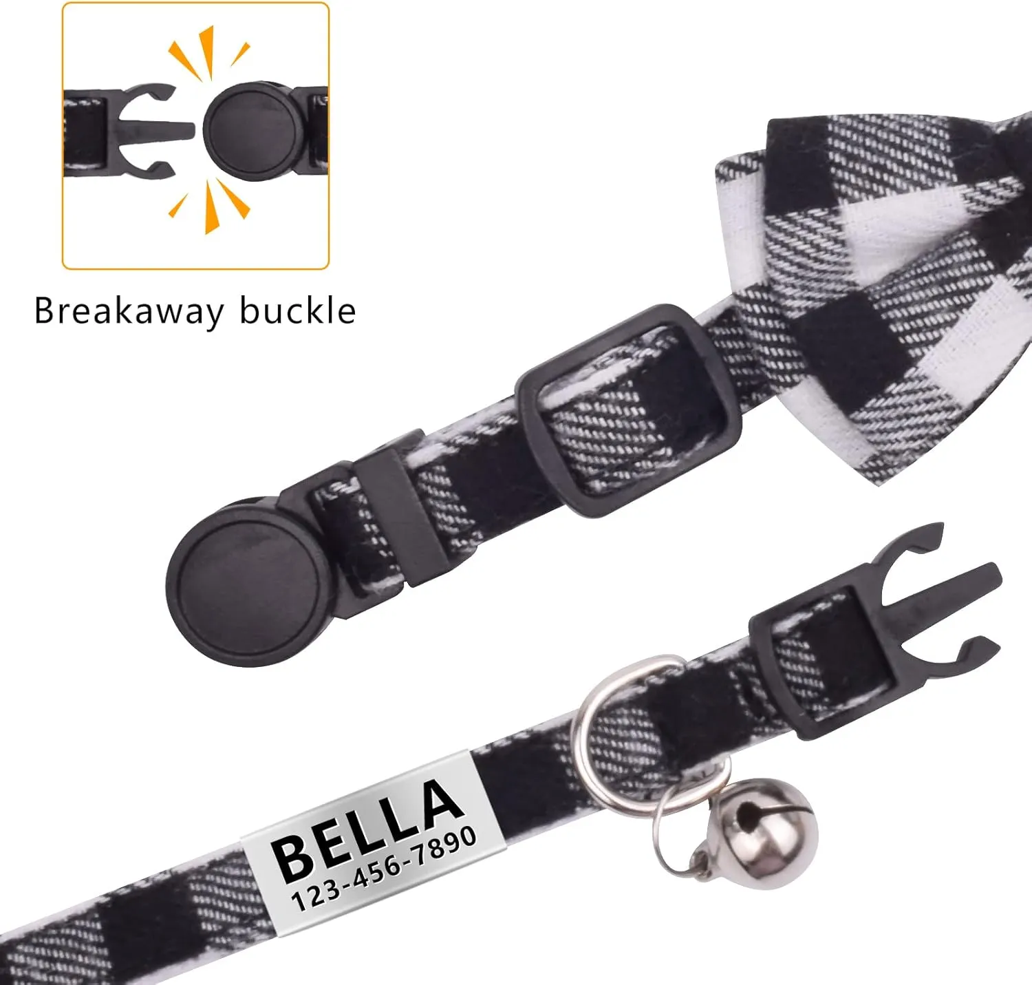LaReine Personalized Breakaway Cat Collar with Bell & Bow Tie, Stainless Steel Slide-on Pet ID Tag Engraved with Name & Phone Numbers, (Customized - 7"-11" Neck, Black)