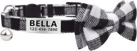 LaReine Personalized Breakaway Cat Collar with Bell & Bow Tie, Stainless Steel Slide-on Pet ID Tag Engraved with Name & Phone Numbers, (Customized - 7"-11" Neck, Black)