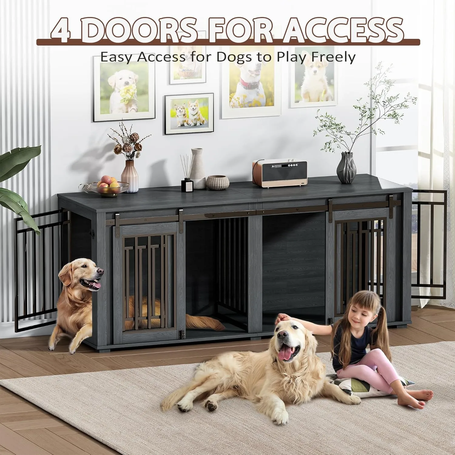 Large Dog Crate Furniture for 2 Dogs, Upgrade 71" Pro XXL Sliding Door Heavy Duty Dog Kennel Furniture with Divider, Steel Frame Indoor Double Dog Crate for Large Medium Small Dogs, Dark Black