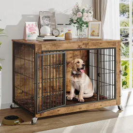 LEMBERI 32 Inch Dog Crate Furniture with Cushion, Wooden Double Doors Dog Kennel Cage Indoor with Wheels, Pet House Decorative Side End Table for Small Medium Dogs, Rustic Brown