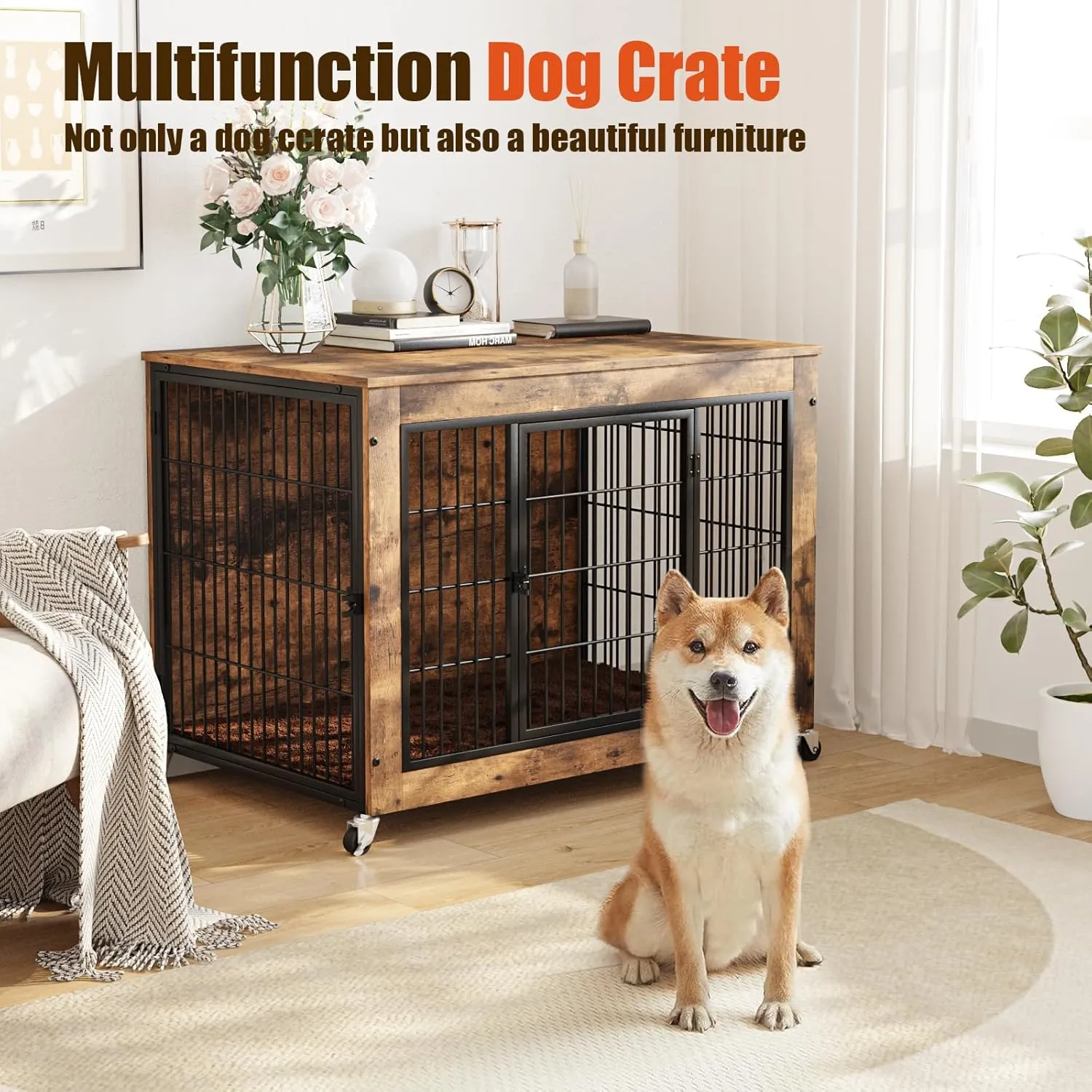 LEMBERI 32 Inch Dog Crate Furniture with Cushion, Wooden Double Doors Dog Kennel Cage Indoor with Wheels, Pet House Decorative Side End Table for Small Medium Dogs, Rustic Brown