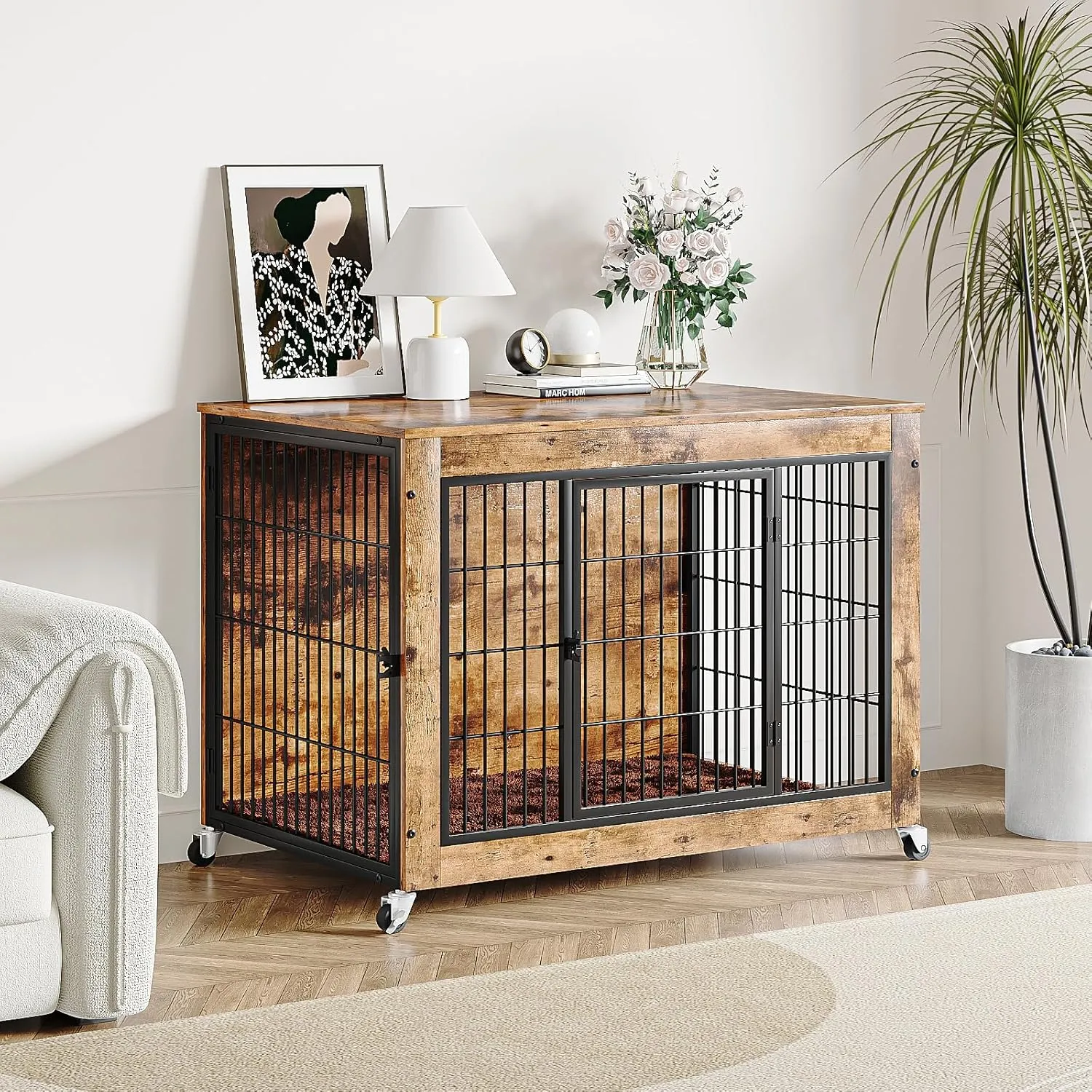 LEMBERI 32 Inch Dog Crate Furniture with Cushion, Wooden Double Doors Dog Kennel Cage Indoor with Wheels, Pet House Decorative Side End Table for Small Medium Dogs, Rustic Brown