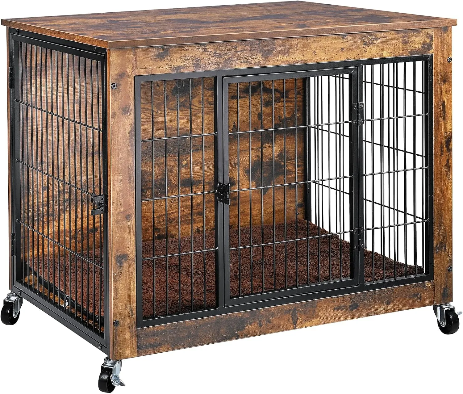 LEMBERI 32 Inch Dog Crate Furniture with Cushion, Wooden Double Doors Dog Kennel Cage Indoor with Wheels, Pet House Decorative Side End Table for Small Medium Dogs, Rustic Brown