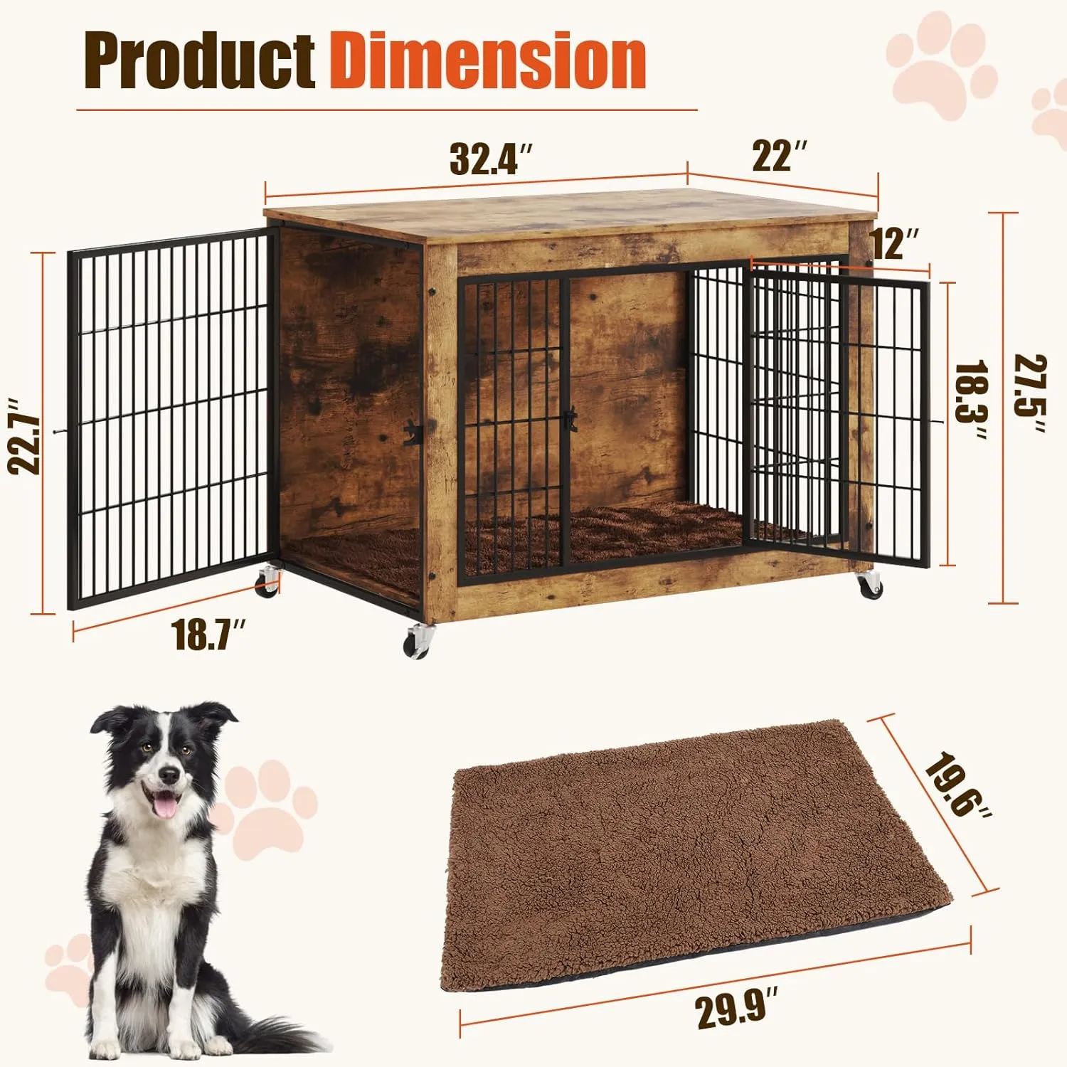 LEMBERI 32 Inch Dog Crate Furniture with Cushion, Wooden Double Doors Dog Kennel Cage Indoor with Wheels, Pet House Decorative Side End Table for Small Medium Dogs, Rustic Brown