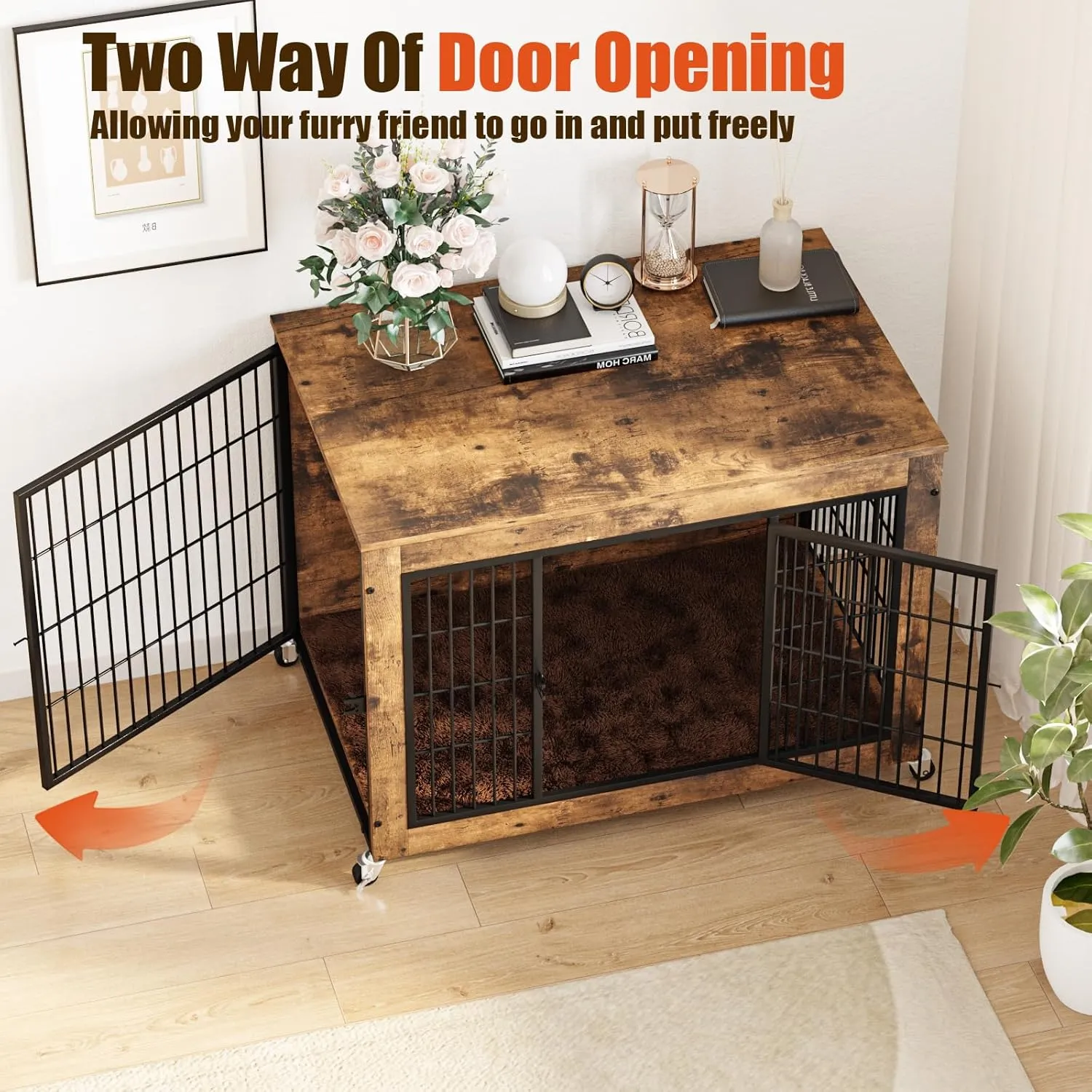 LEMBERI 32 Inch Dog Crate Furniture with Cushion, Wooden Double Doors Dog Kennel Cage Indoor with Wheels, Pet House Decorative Side End Table for Small Medium Dogs, Rustic Brown