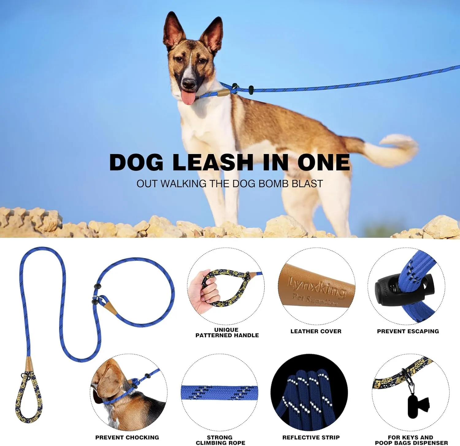 lynxking Slip Lead Dog Leash Reflective, Heavy Duty Comfortable Strong Rope for Large Medium Small Dogs No Pull Pet Training (Blue, Large 1/2in x 6ft-Slip Lead)