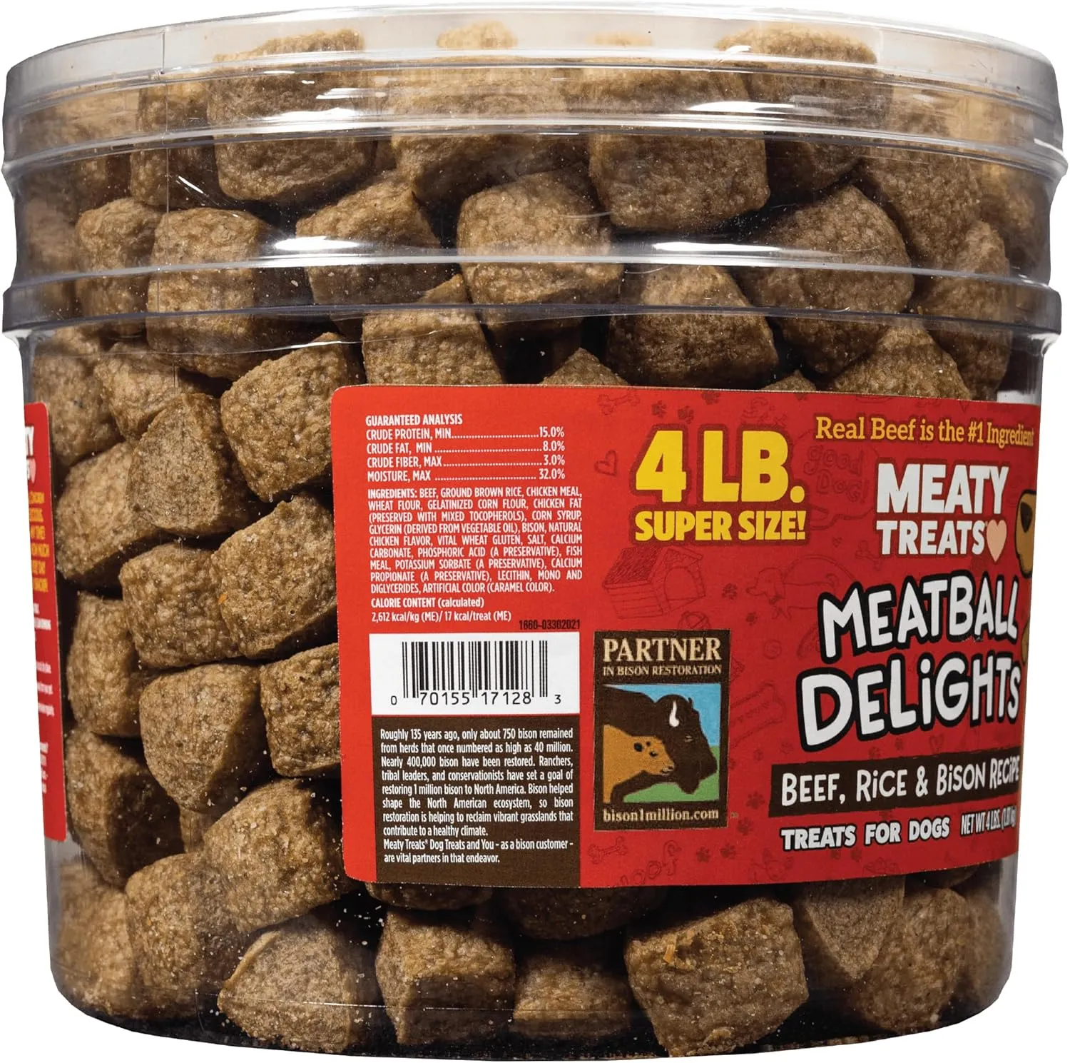 Meaty Treats Meatball Delights Beef, Rice, and Bison Recipe Meatballs Dog Treats, 4 lb Tub