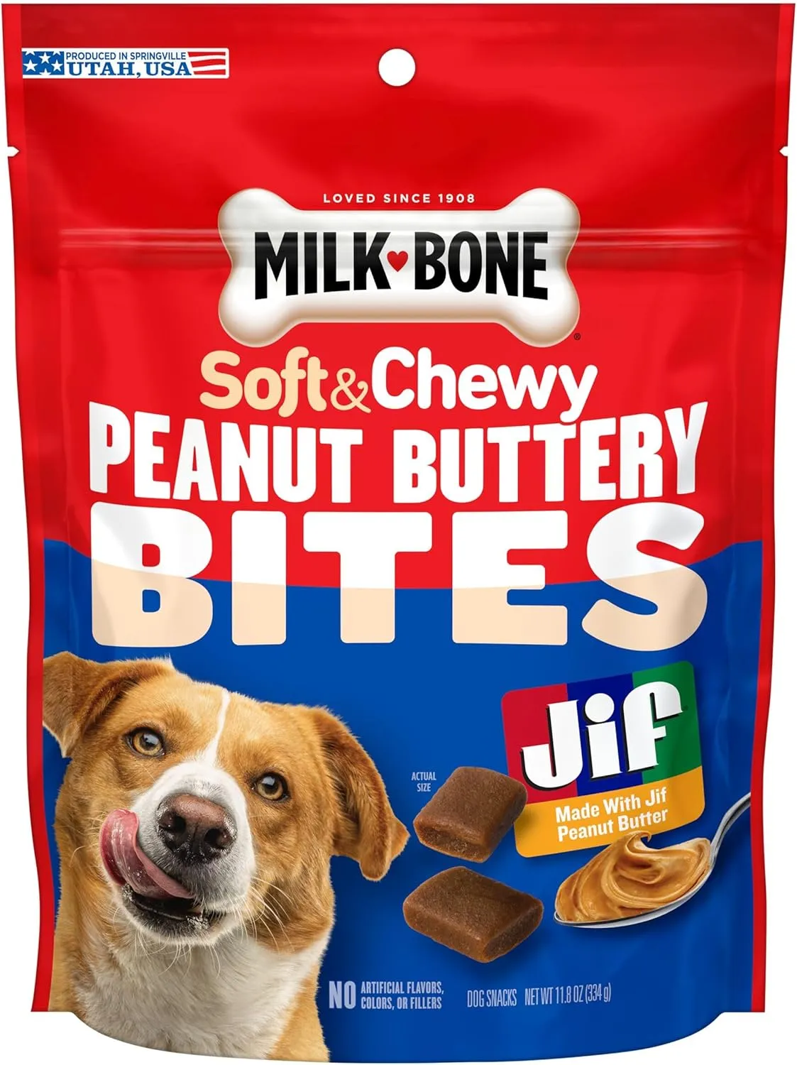 Milk-Bone Peanut Buttery Bites Soft Dog Treats with Jif Peanut Butter, 11.8 Ounce Bag