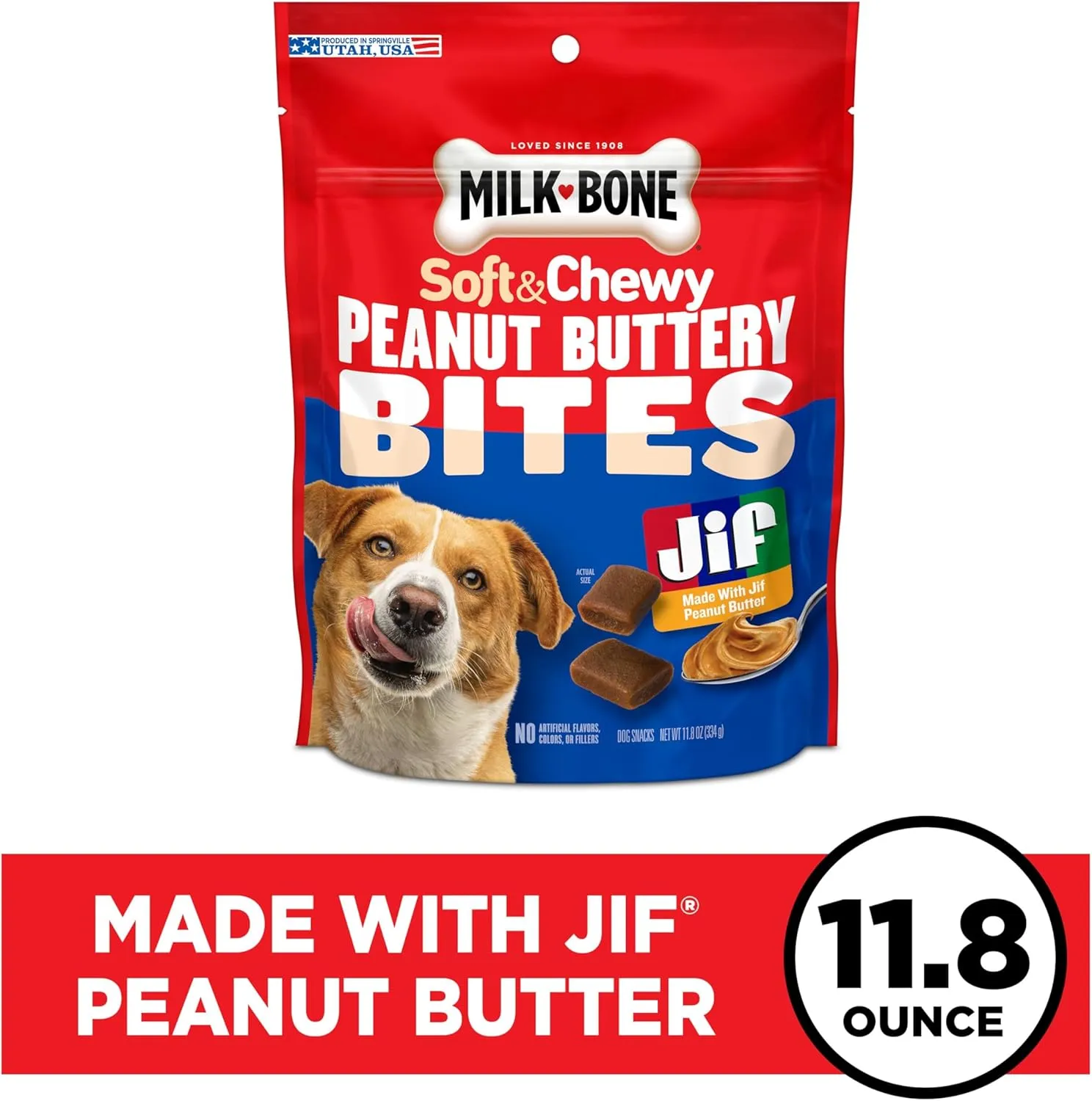 Milk-Bone Peanut Buttery Bites Soft Dog Treats with Jif Peanut Butter, 11.8 Ounce Bag