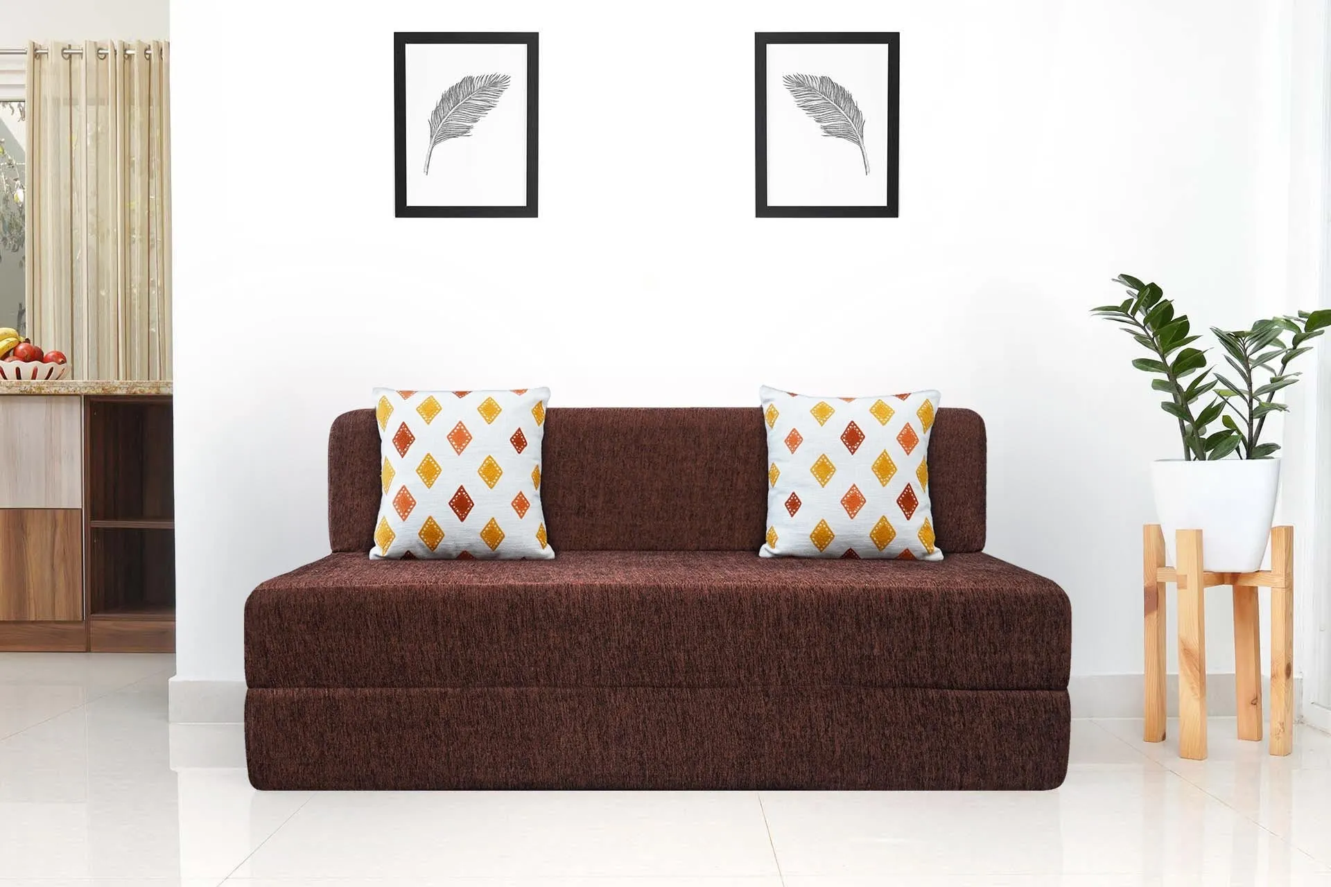 Molfino Sofa Bed, Brown | 6 x 6, Three Seater | 2 Diamond Cushions