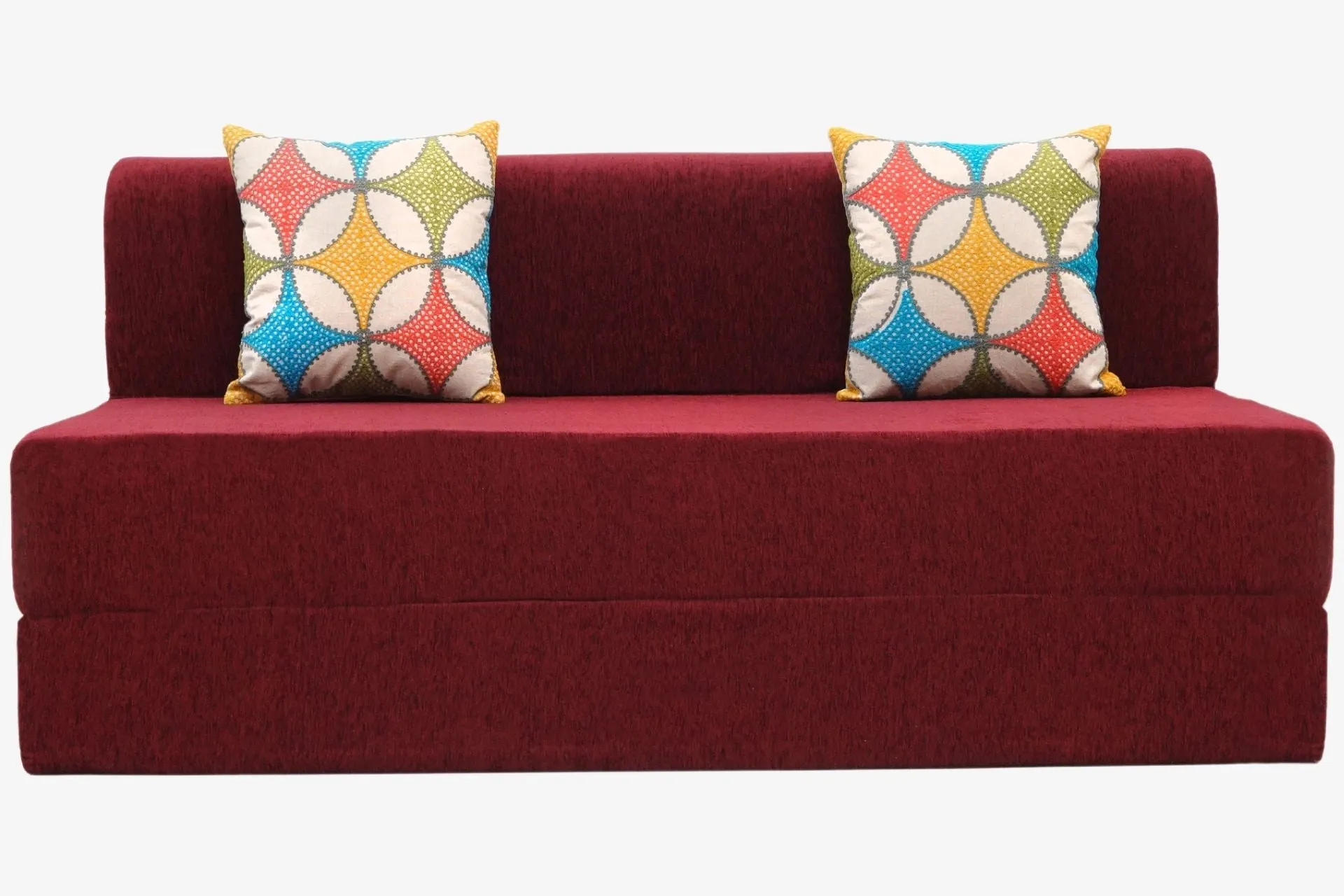 Molfino Sofa Bed, Maroon | 6 x 6, Three Seater | 2 Jharokha Cushions