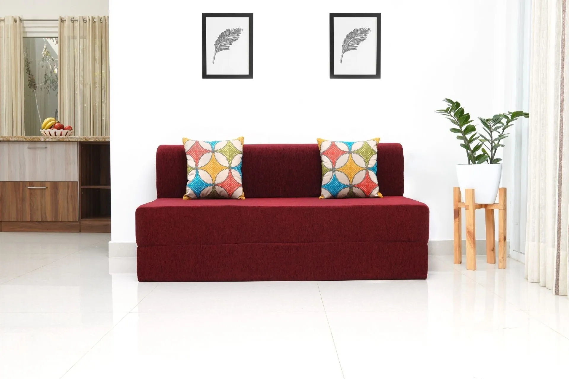Molfino Sofa Bed, Maroon | 6 x 6, Three Seater | 2 Jharokha Cushions