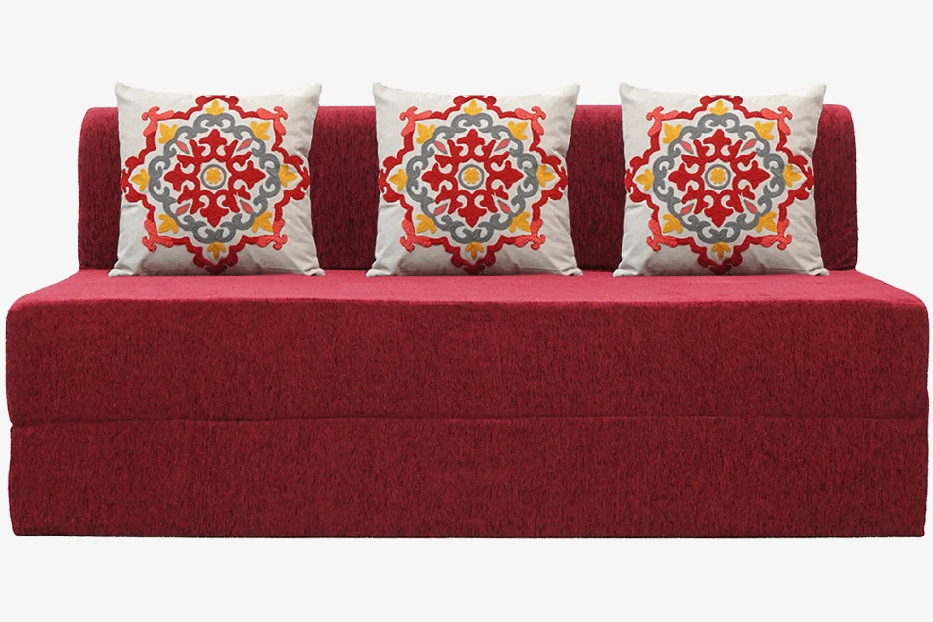 Molfino Sofa Bed, Maroon | 6 x 6, Three Seater | 3 Red Medallion Cushions