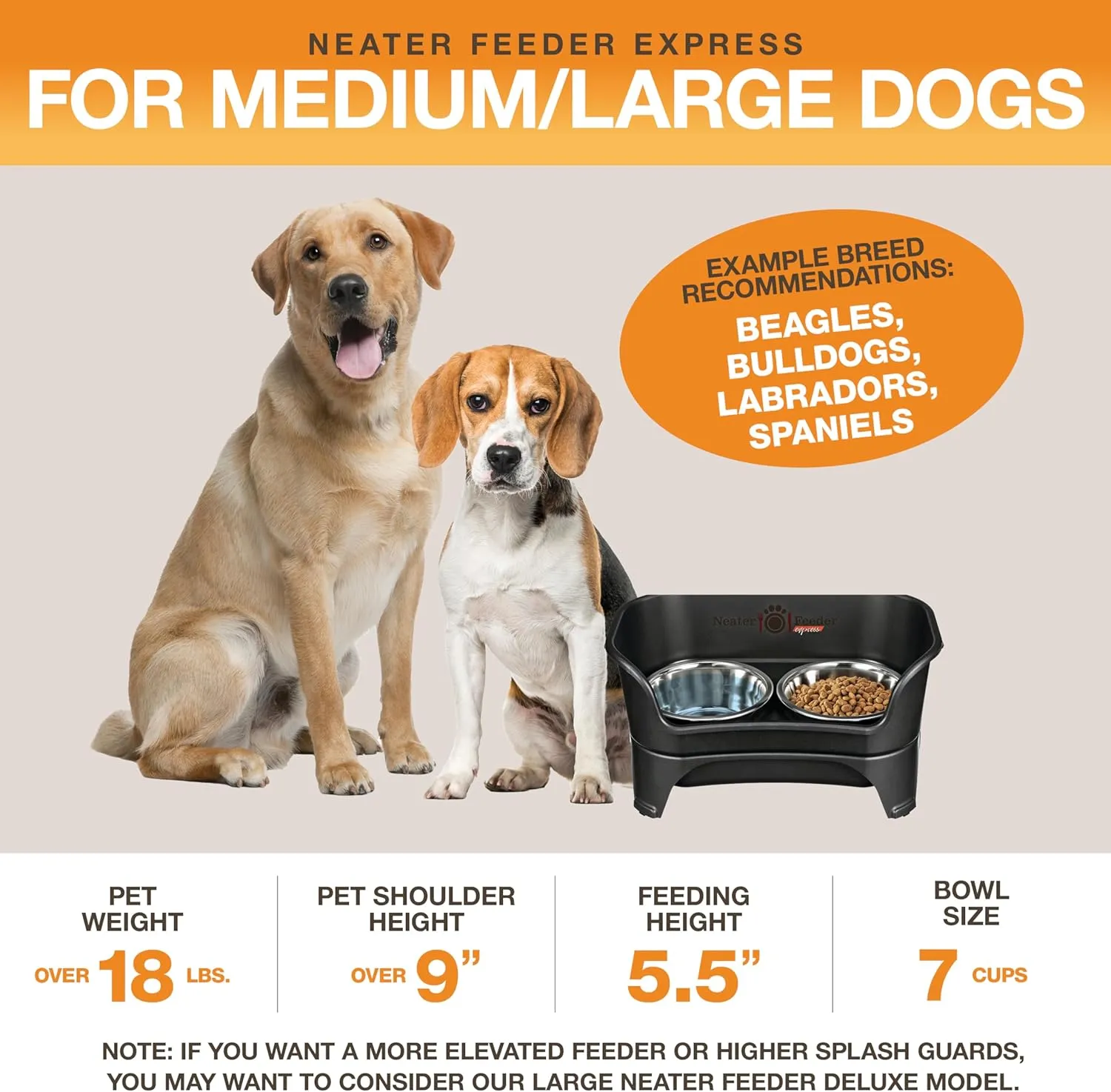Neater Feeder Express Mess Proof Dog Bowls Elevated for Large and Medium Sized Dog, No Spill Raised Dog Food Bowl Stand, Stainless Steel Dog Food and Water Bowl Set, Elevated Dog Bowl, USA Made, Black