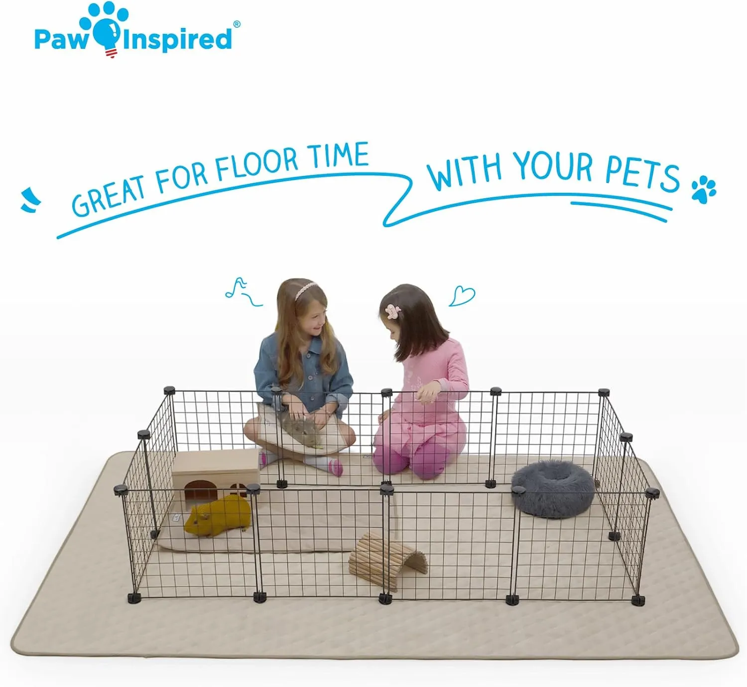 Paw Inspired 80x50 Waterproof Playpen Mat | Super Absorbent Fleece Cage Liner with Non-Slip Bottom | Pet Play Pen Pad for Dogs, Rabbits, Guinea Pigs, Hamsters, Small Animals (Tan)