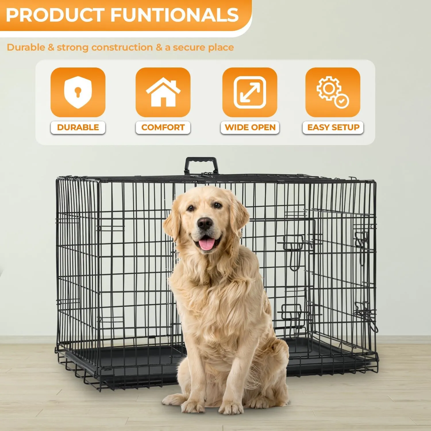 PayLessHere Large Dog Crate Kennel for Medium Large Dogs Metal Dog Cage Double-Door Folding Travel Indoor Outdoor Puppy Playpen with Divider and Handle Plastic Tray (48 Inch, Black)