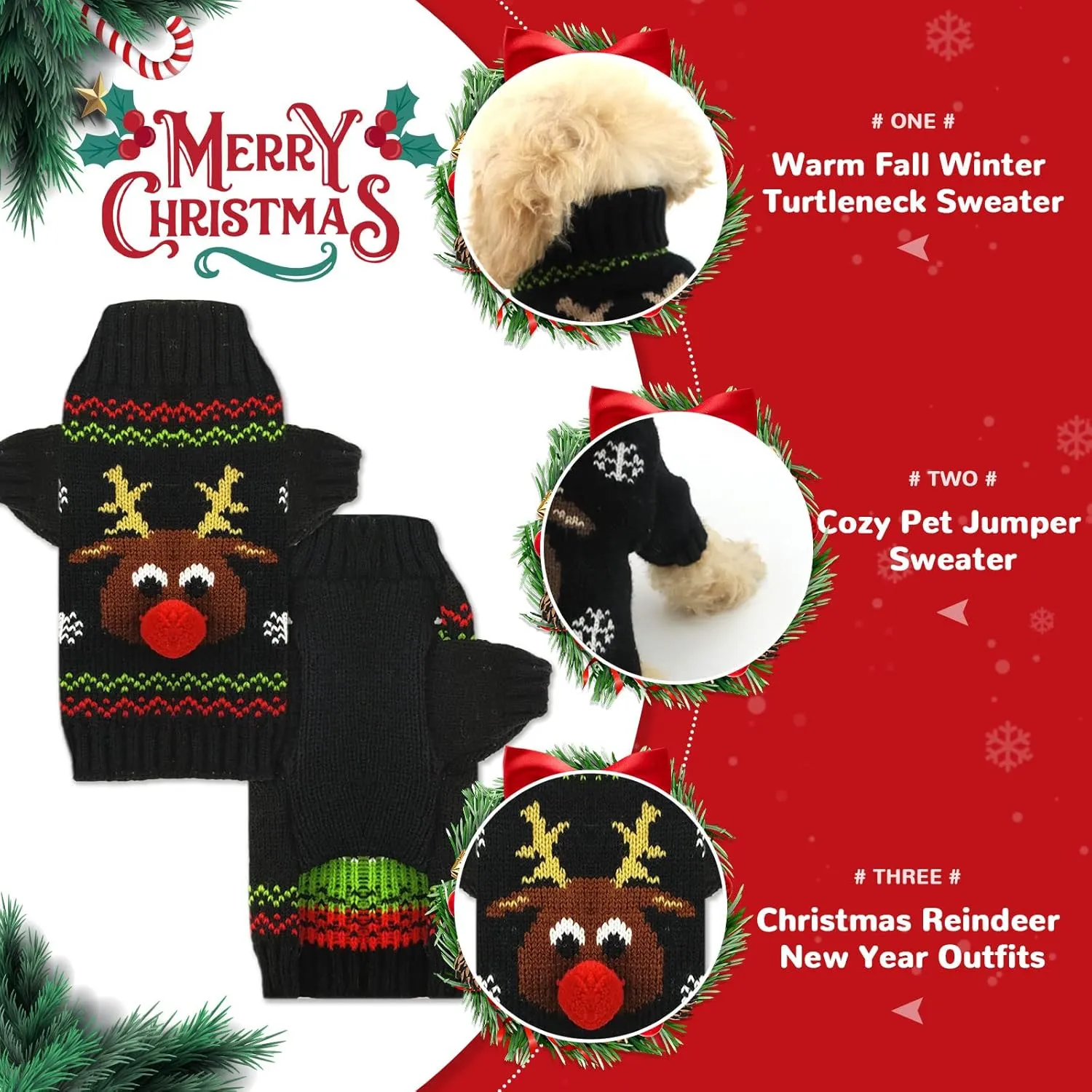 PETCARE Funny Cute Reindeer Dog & Cat Sweaters - Black Ugly Jumper for Small, Medium & Large Dogs - Fall Winter Xmas Costume