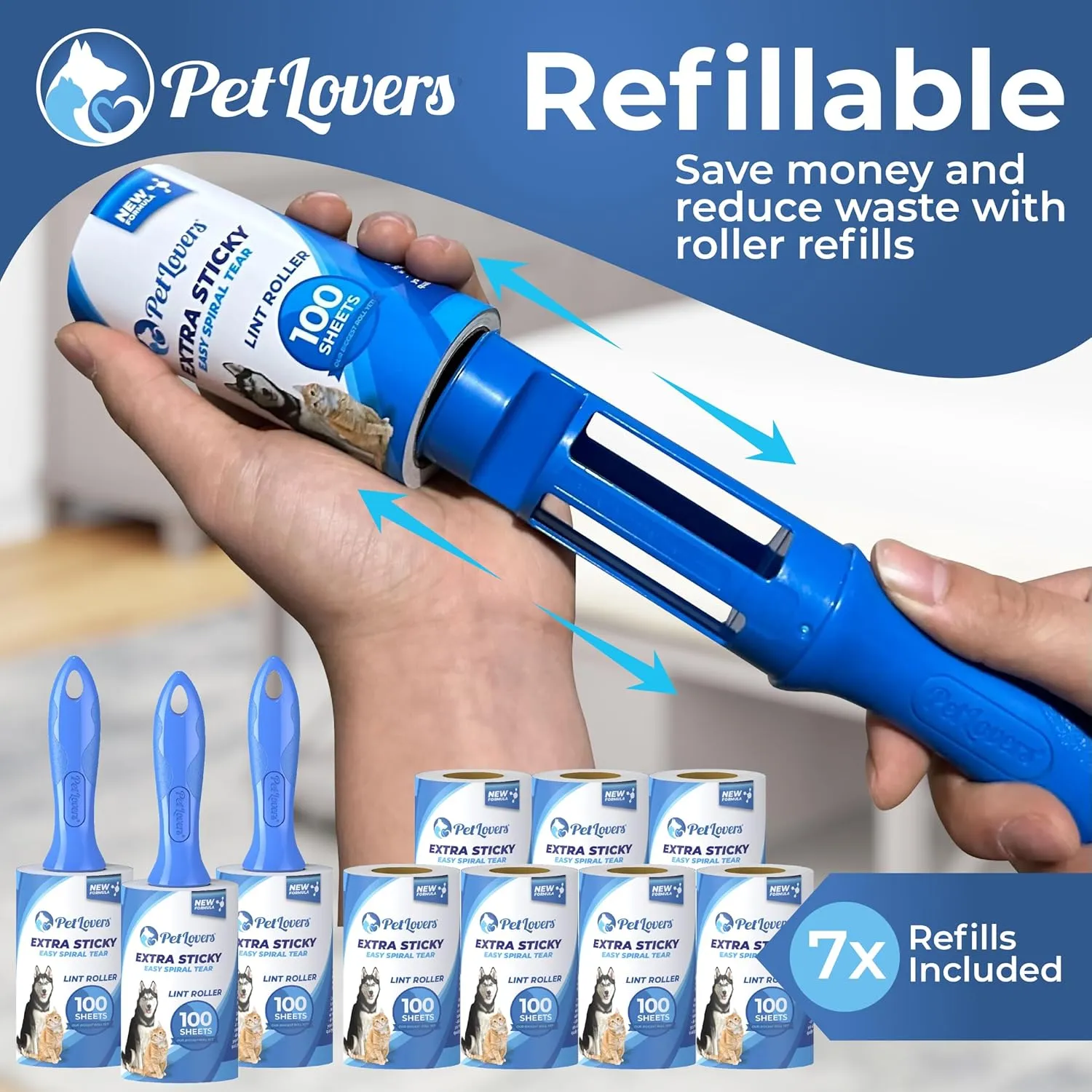 PetLovers Extra Sticky Lint Roller Bulk Value Set 1,000 Sheets 3 Rollers 7 Refills for Pet Hair Removal, Dog and Cat Lint Remover