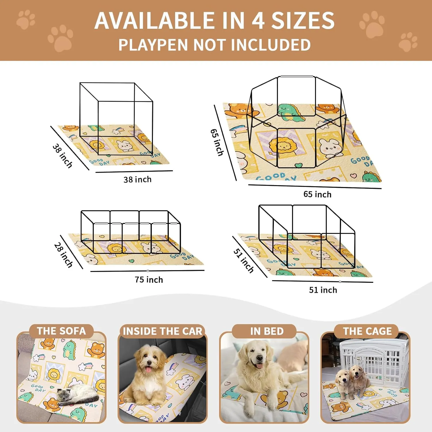 Puppy Playpen Mat Crate Pad, Reusable Dog Pee Pads Washable for Pet Training, Housebreaking, and Incontinence, Waterproof/Anti-Slip/Machine Washable (Animal Kingdom, 38x38 Inch-2 Pack)