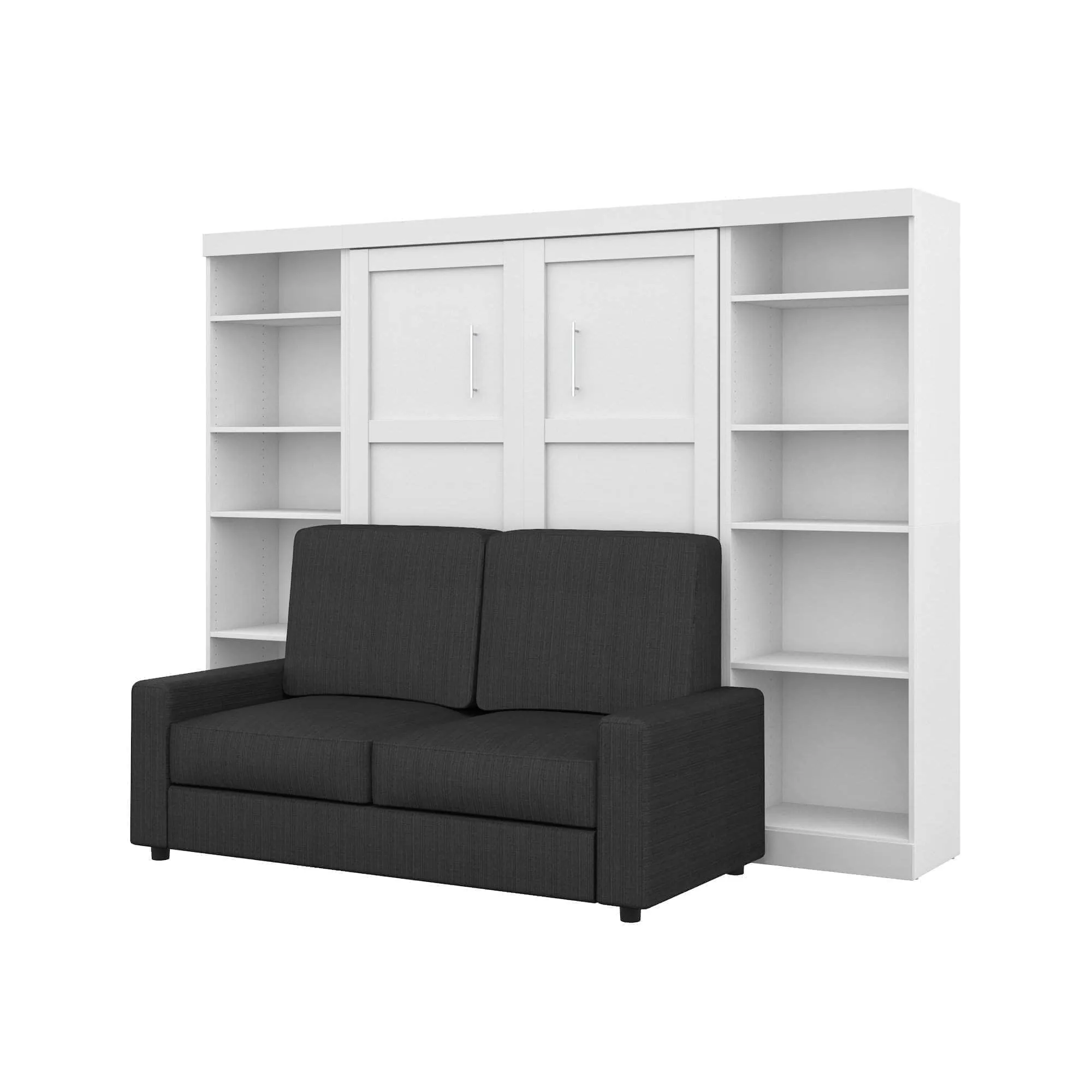 Pur Full Murphy Wall Bed, 2 Storage Units and a Sofa in White
