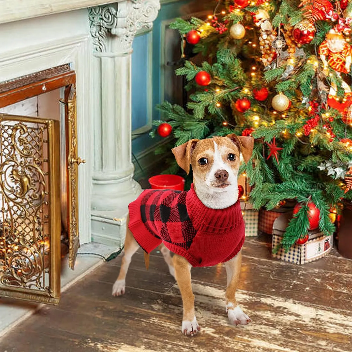 QBLEEV Small Dog Sweater Dress, Puppy Sweaters Knitwear Pullover Pet Sweaters with Leash Hole Warm Winter Dog Christmas Sweaters Fall Dog Sweaters Apparel Turtleneck Dog Sweaters for Dogs Girls Boys S