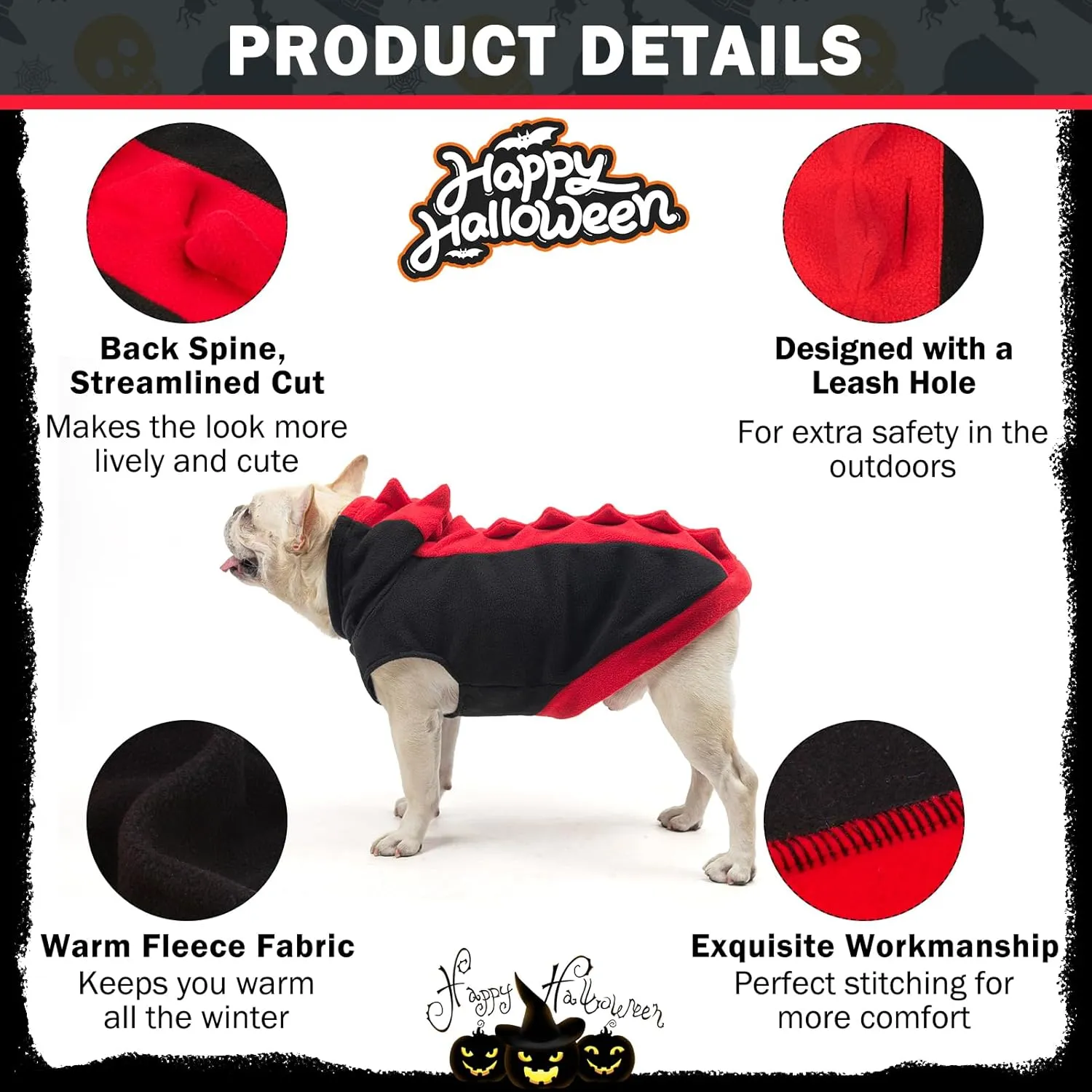 SCENEREAL Dog Dinosaur Costume, Funny Dog Halloween Costume, Dinosaur Dog Apparel for Small Medium Dogs Cats, Warm Fleece Pet Clothes Dog Hoodie for Yorkie Chihuahua Jumpsuit, Black L