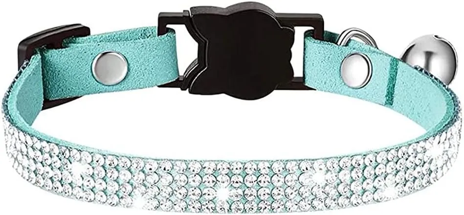 Serijoars Cat Collars,Rhinestone for Girl Cats Bling Kitten Flower Adjustable Breakaway Collar with Bell Soft Velvet Leather Collar for Puppy Small Dogs (Blue)