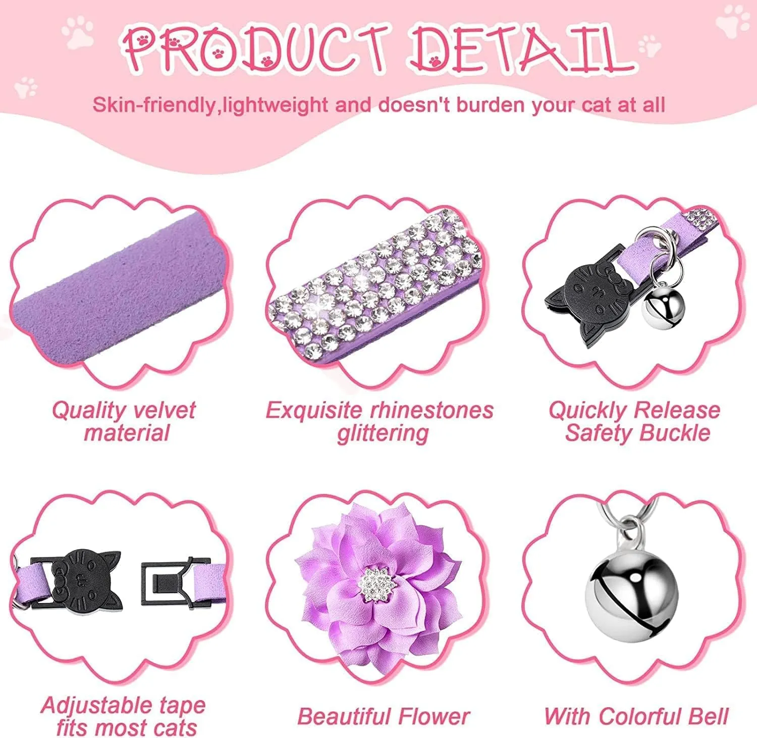 Serijoars Cat Collars,Rhinestone for Girl Cats Bling Kitten Flower Adjustable Breakaway Collar with Bell Soft Velvet Leather Collar for Puppy Small Dogs (Blue)