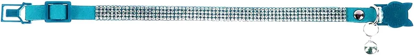 Serijoars Cat Collars,Rhinestone for Girl Cats Bling Kitten Flower Adjustable Breakaway Collar with Bell Soft Velvet Leather Collar for Puppy Small Dogs (Blue)